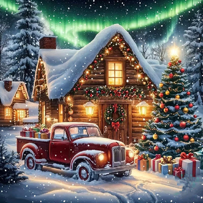 JFYHAB Christmas Diamond Art Kits for Adults,Red Truck Diamond Painting Kits for Adults Beginners,5D DIY Round Full Drill Christmas House Gem Art Paint by Diamonds Dots for Home Decor Gift 12x12inch