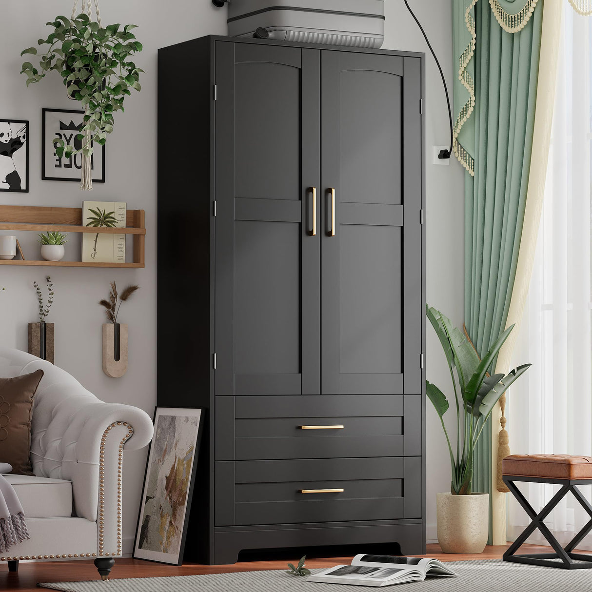 Wooden Armoire Wardrobe Closet with 2 Drawers, Bedroom Armoires with Door and Shelves, Freestanding Wardrobe Clothing Storage Cabinet with Hanging Rod for Bedroom, Laundry Room, Cloak Room(Black) Honsiva