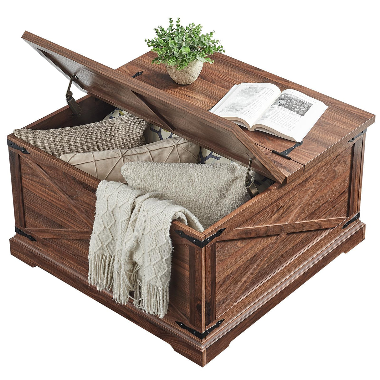 Barnyatoh Farmhouse Square Coffee Table with Storage, Wood Center Table with Hinged Lift Top, Rustic Cocktail Table with Large Hidden Storage Compartment for Living Room, Bedroom,Brown Barnyatoh