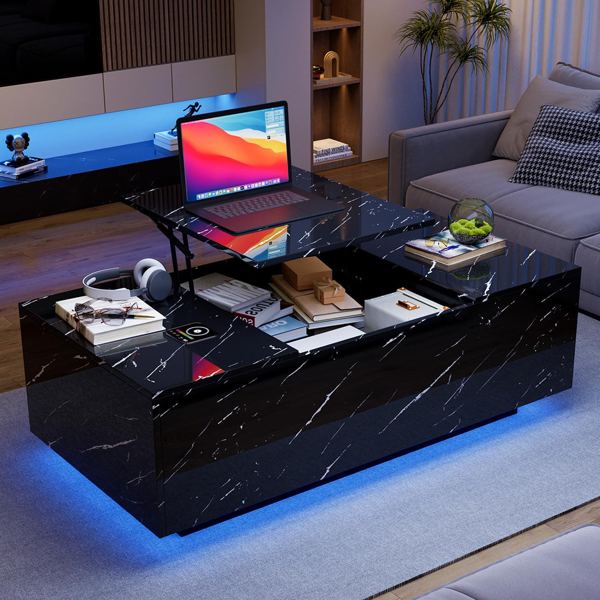 Lift Top Coffee Table, High Glossy Coffee Table with Wireless Charging and Speaker, Modern Coffee Table with 24 Colors LED Lights,Center Table with Drawer and Hidden Compartment for Living Room Black PPorfamilia