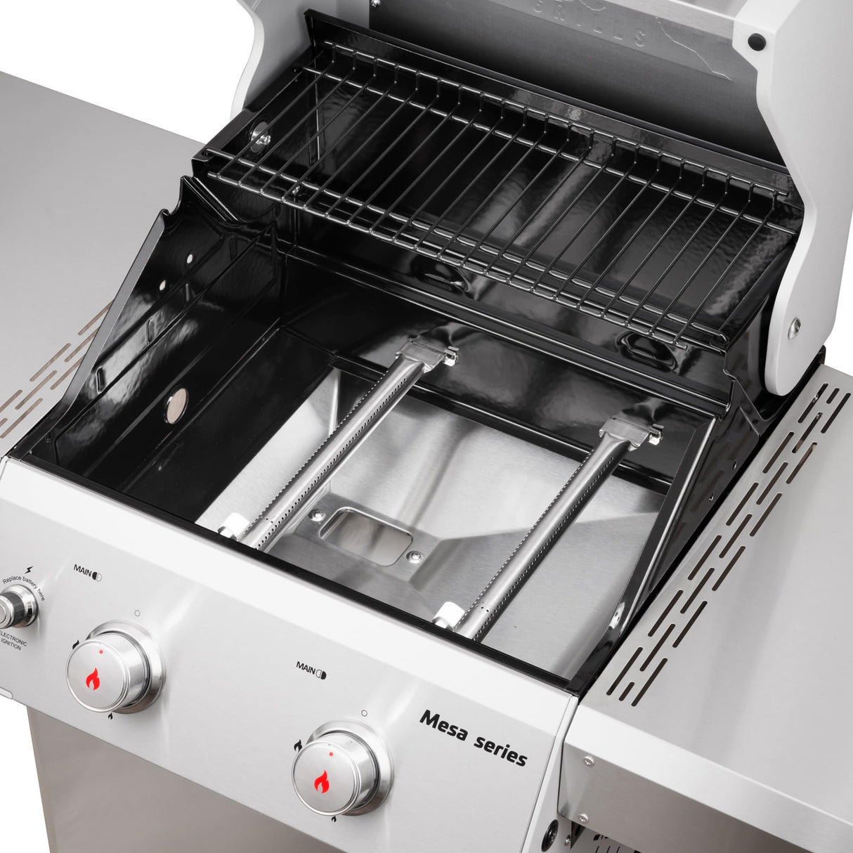 Monument Grills 2-Burner Stainless Steel Liquid Propane Gas Patio Garden Barbecue Grill with Clearview® Lid, Knob Control, and Two Foldable Shelves Mesa200S with BBQ Cover Monument Grills