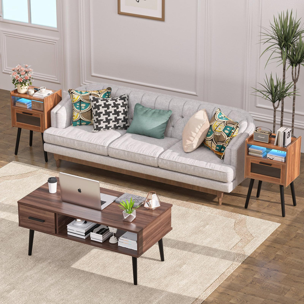 HAIOOU Set of 2 Mid Century Nightstand with Charging Station, Mid Century LED Light Modern End Table with Drawer, Glass Door, Open Shelf, Small Side Table Pine Wood Legs for Home Bedroom Living Room HAIOOU