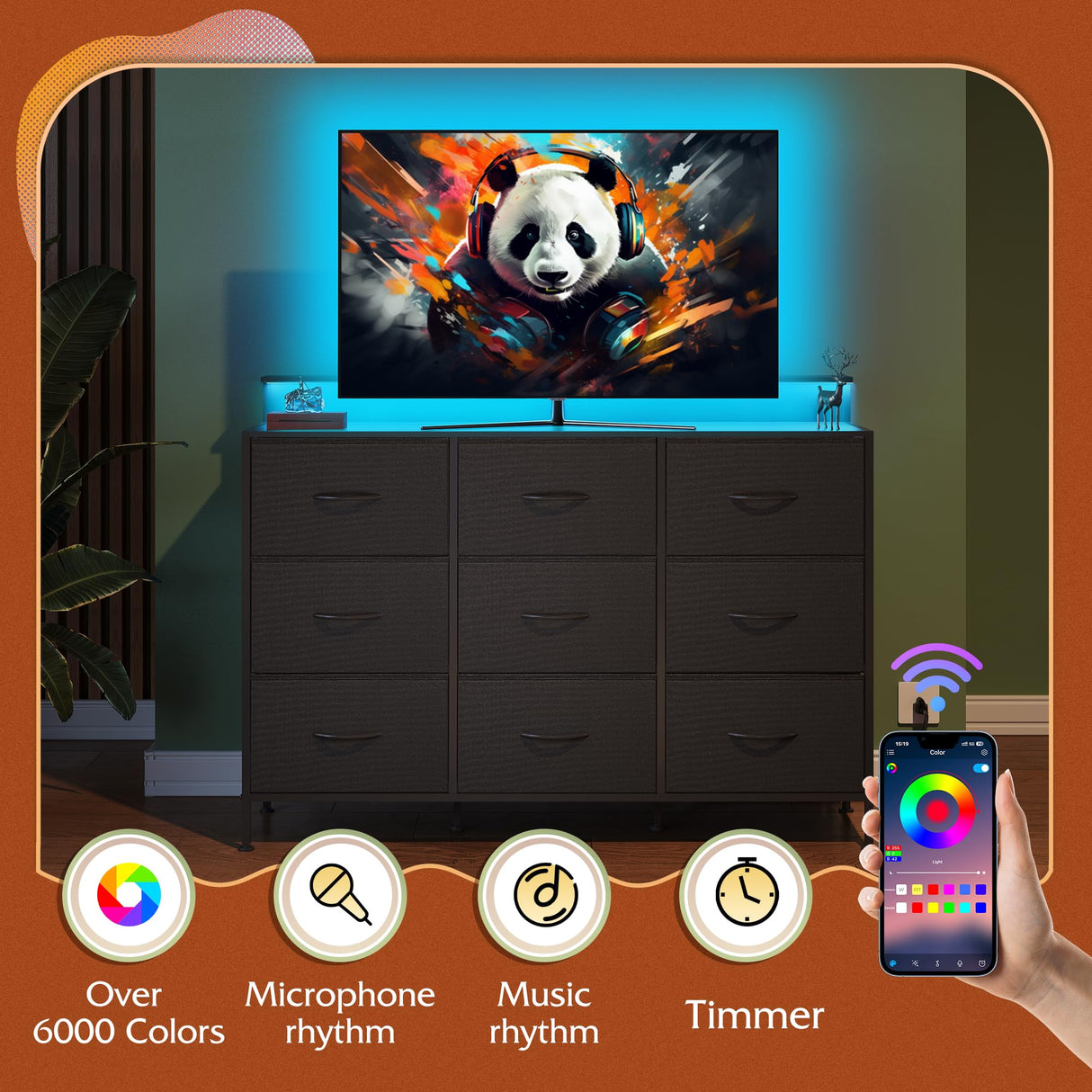 WLIVE Black Dresser TV Stand for 50, 55 inch, Led Dresser for Bedroom, Chest of Drawers with LED Lights, Charging Station, Clothes Storage with 9 Drawers, Wood Top, Living Room, Closet WLIVE