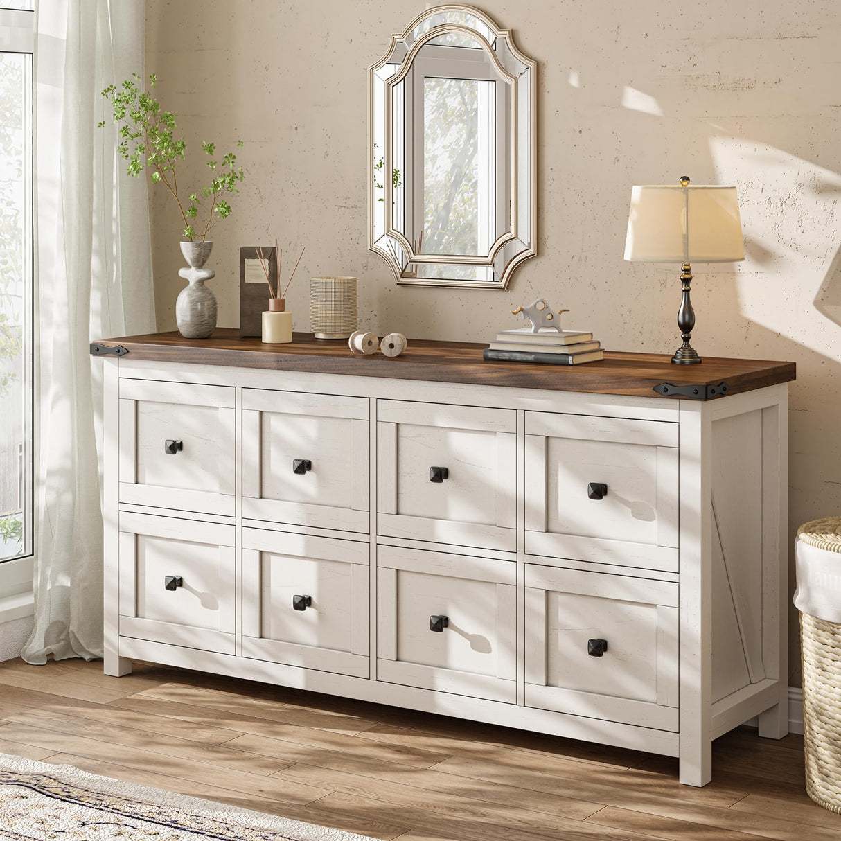 EnHomee Farmhouse 8 Drawer Dresser for Bedroom,Wood Dressers and Chests of Drawers with Texture TV Stand for Bedroom, Hallway, Closet,Antique White EnHomee