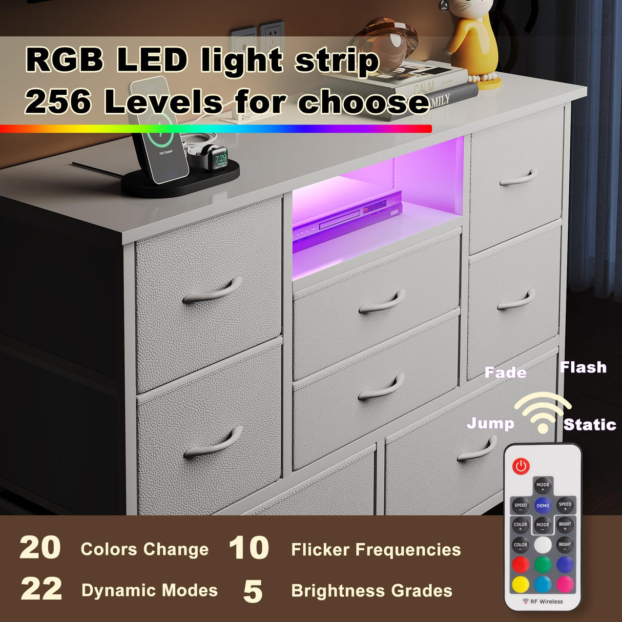 EKNKOZY Dresser TV Stand with 8 Drawers, Dresser TV Stand with LED Lights & Power Outlets, Bedroom Dresser, Chest of Drawers for 55'' Long TV, Wide Fabric Dresser (White) EKNKOZY