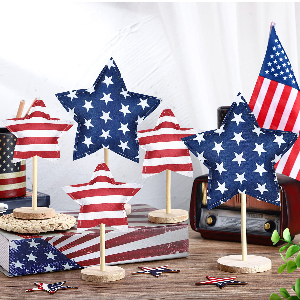 Bucherry 5 Set 4th of July Decoration Patriotic Fabric Star Ornaments Independence Day Wood Sign Star Wooden Stand Memorial Labor Day Tiered Tray Decor American Table Decor(Classic Style) Bucherry