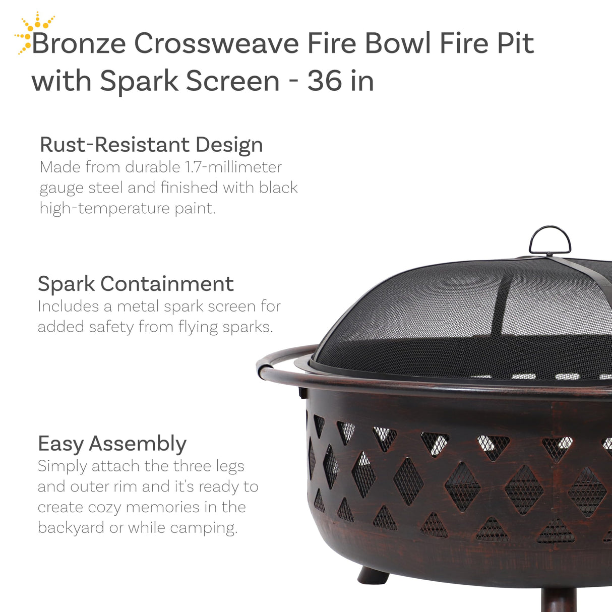 Sunnydaze 36-Inch Bronze Crossweave Wood-Burning Fire Pit - Includes Spark Screen, Fireplace Poker, and Round Cover Sunnydaze