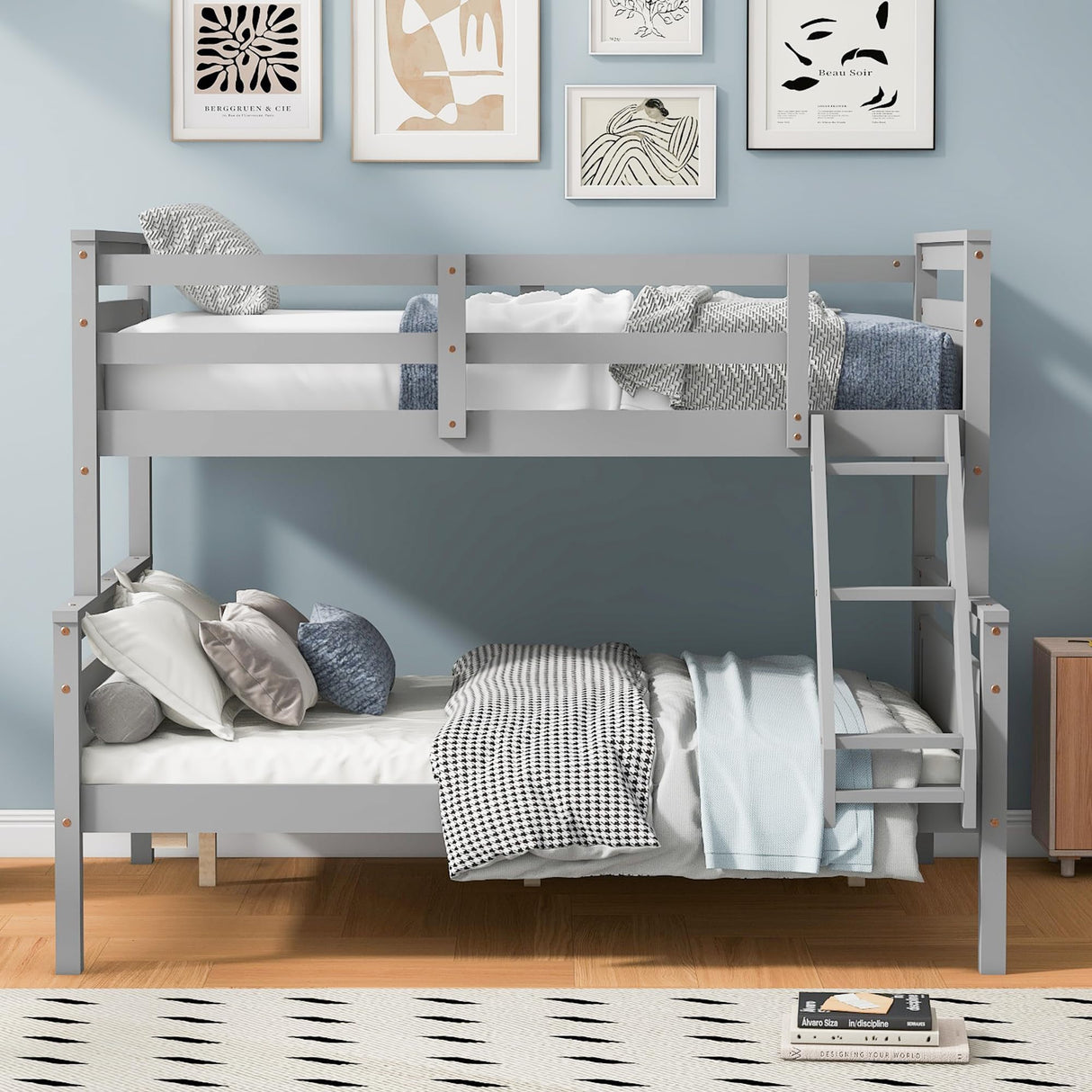 N NAANSI Twin Over Full Bunk Bed with Ladder, Full Length Guardrail, X-Shape Headboard and Footboard, Wooden Bunk Bed Frame Can be Separated into 2 Beds, Gray N NAANSI