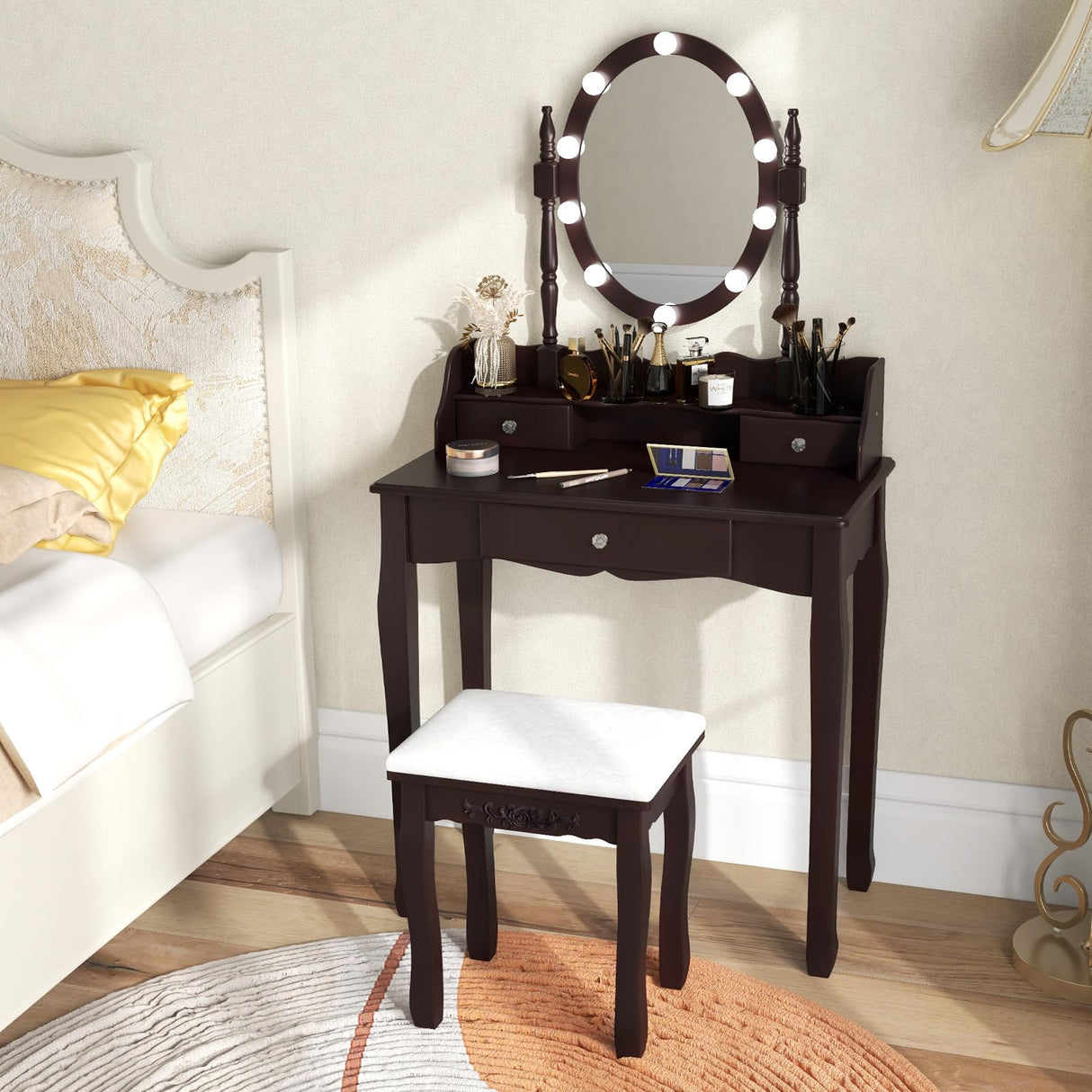CHARMAID Girls Makeup Vanity Desk with Lights, Vanity Table with Lighted Mirror, 3 Lighting Modes, Adjustable Brightness, Modern Makeup Table with 3 Drawers and Stool for Small Space (Espresso) CHARMAID