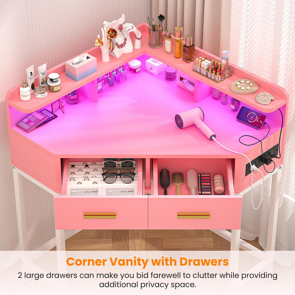 Cyclysio Corner Vanity Desk Without Mirror, Makeup Vanity Table with Lights & Power Outlets, Small Corner Vanity with Drawers for Bedroom,Small Spaces, Pink Cyclysio