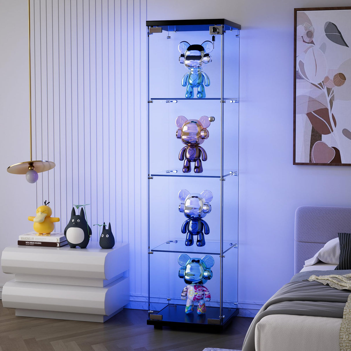 Goujxcy 64" Curio Cabinet, 4 Shelves Glass Display Cabinet with LED Lights, Glass Storage Cabinet with Door, Collectibles Toy Organizers Rack, Display Shelf, Kids Bookcase for Playroom, Bedroom, Black Goujxcy