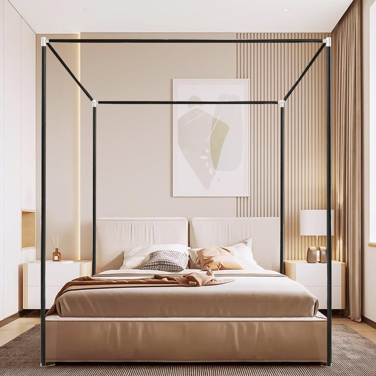 Mosqutent Stainless Steel Canopy Bed Frame Queen Size, Heavy Duty Queen Canopy Bed Frame, Sturdy Bed Post Poles Metal Bed Frame Thicken Bed Canopy Frame for Metal Bed Wood Bed Bedroom Decor, Black Mosqutent