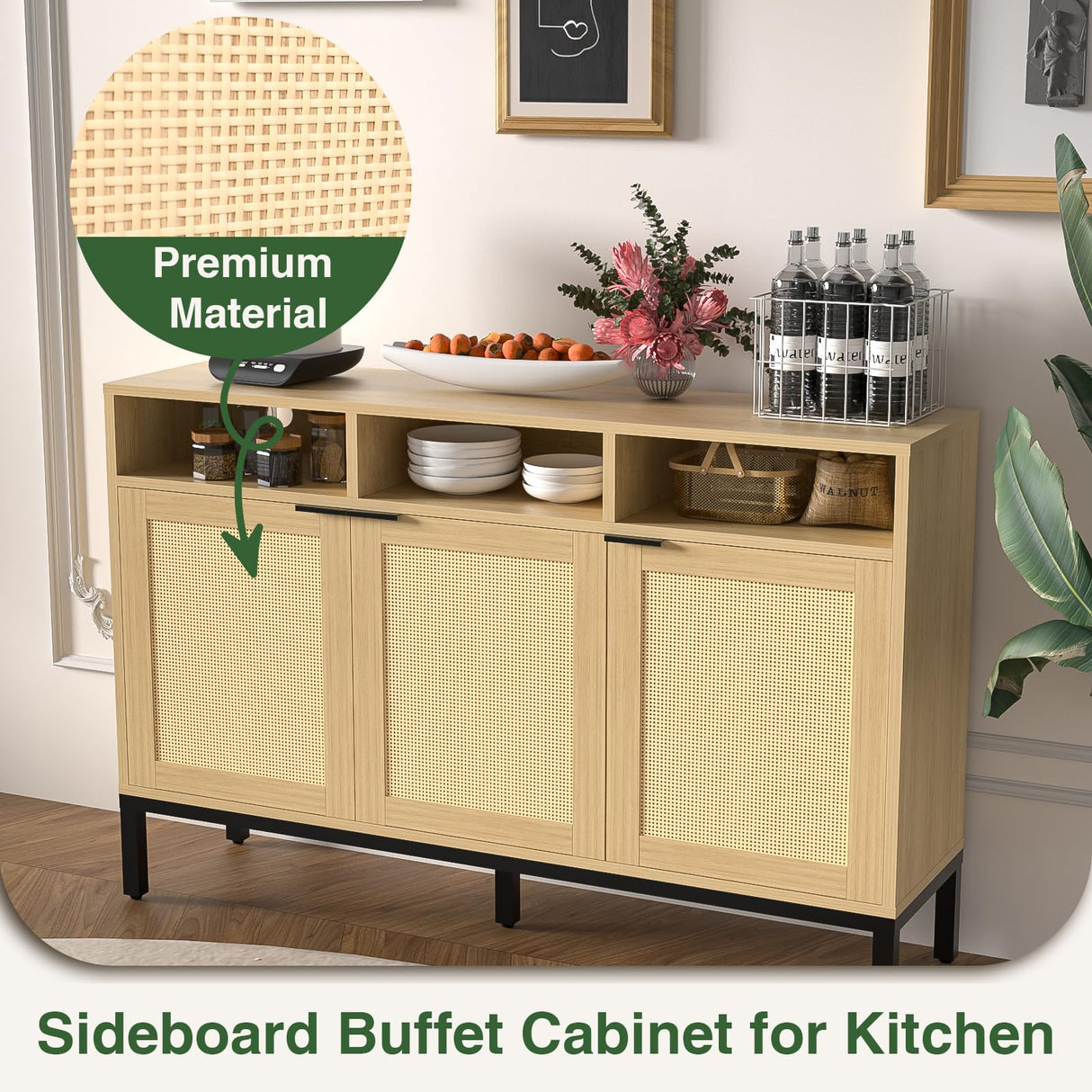 Yeyawomy Buffet Sideboard Cabinet with Storage, Storage Cabinet with LED Light and Charging Station, Rattan Sideboard Storage Cabinet, Farmhouse Kitchen Coffee Bar Cabinet, Boho Chest Storage Yeyawomy