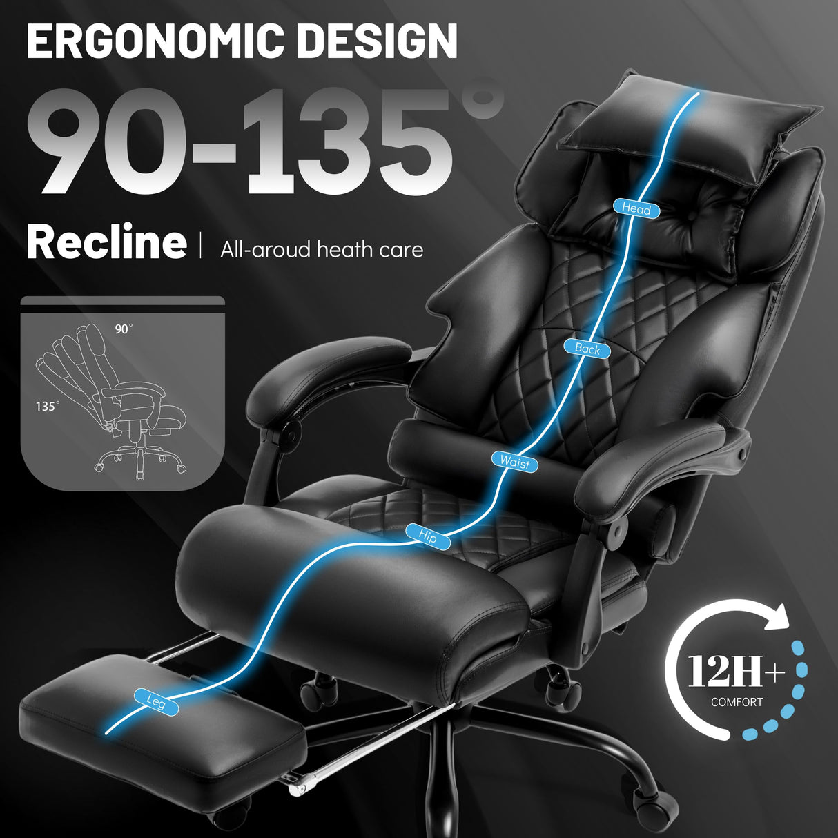Massage Office Chair with Foot Rest,3D Kneading & Heat Executive Office Chairs,Big and Tall Leather Office Chair 500LBS,Ergonomic Desk Chair for Heavy People,Recliner with Dual-Use Pillow,Black BLISNEST