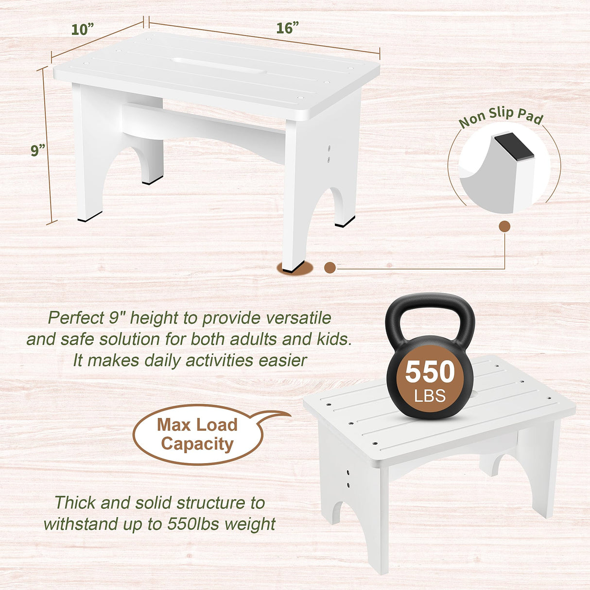 Wooden Step Stool for Adults, 9" Portable Wood Step Stool for Kids, Heavy Duty Bedside One Step Stool with 550 Lbs Load Capacity, Non-Slip White Foot Step Stool for Kitchen Bathroom Bedroom Eiwoda