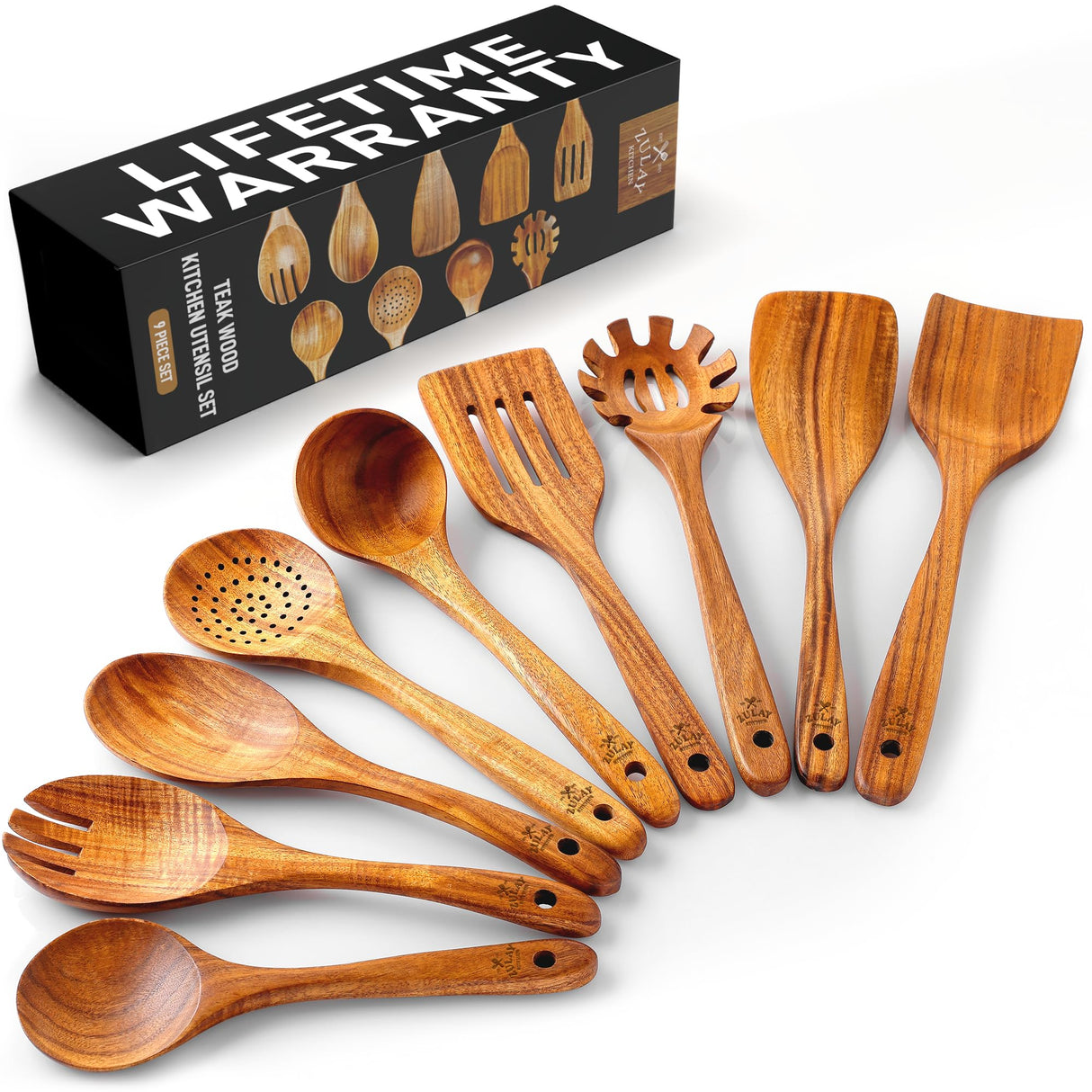 Zulay Kitchen 9-Piece Teak Wooden Utensils for Cooking - Smooth Finish Natural Teak Utensil Set - Non-Stick Wooden Spoons for Cooking - Kitchen Gift Set - Comfortable Grip Wooden Utensil Set Zulay Kitchen