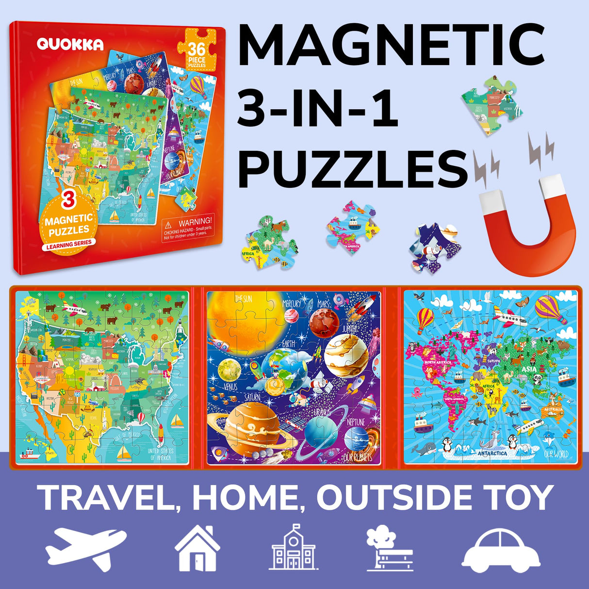 QUOKKA Magnetic Puzzles for Kids 4-6 - 36 Pcs Travel Puzzles Games for Kids Ages 3-5 - Maps Activities Toy for Boys and Girls 2-4 yo - Learning Magnet Gift for Road Trip QUOKKA