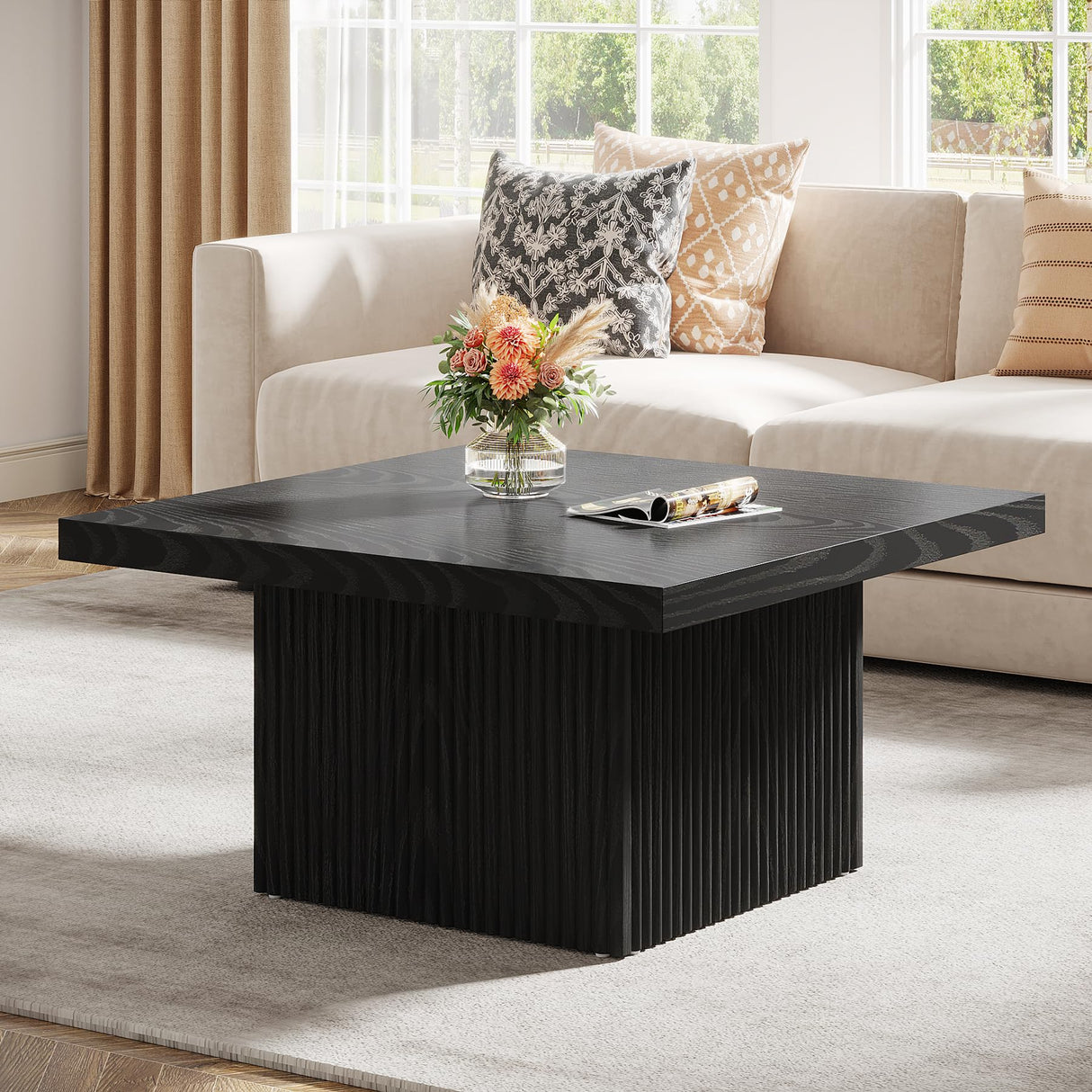 Tribesigns Square Coffee Table, 31.5-Inch Fluted Coffee Table, Mid-Century Modern Living Room Table, Large Cocktail Table for Living Room, Easy Assembly, Black Tribesigns