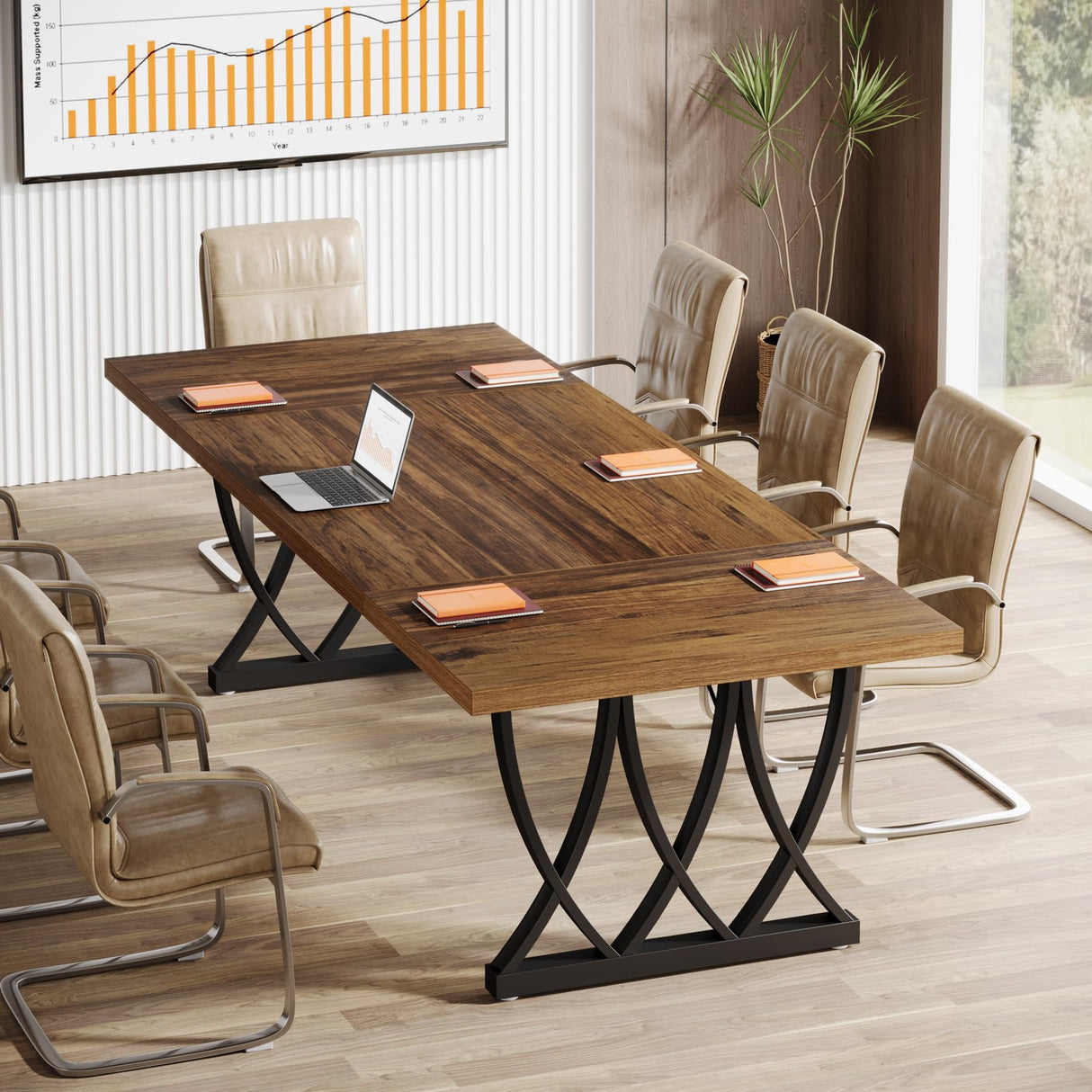 Tribesigns 6 ft Conference Table for 6-8 People, 70.86-Inch Rectangle Conference Table Meeting Seminar Table with Unique Curved Metal Support for Home Office (Without Chair, Retro Brown & Black) Tribesigns