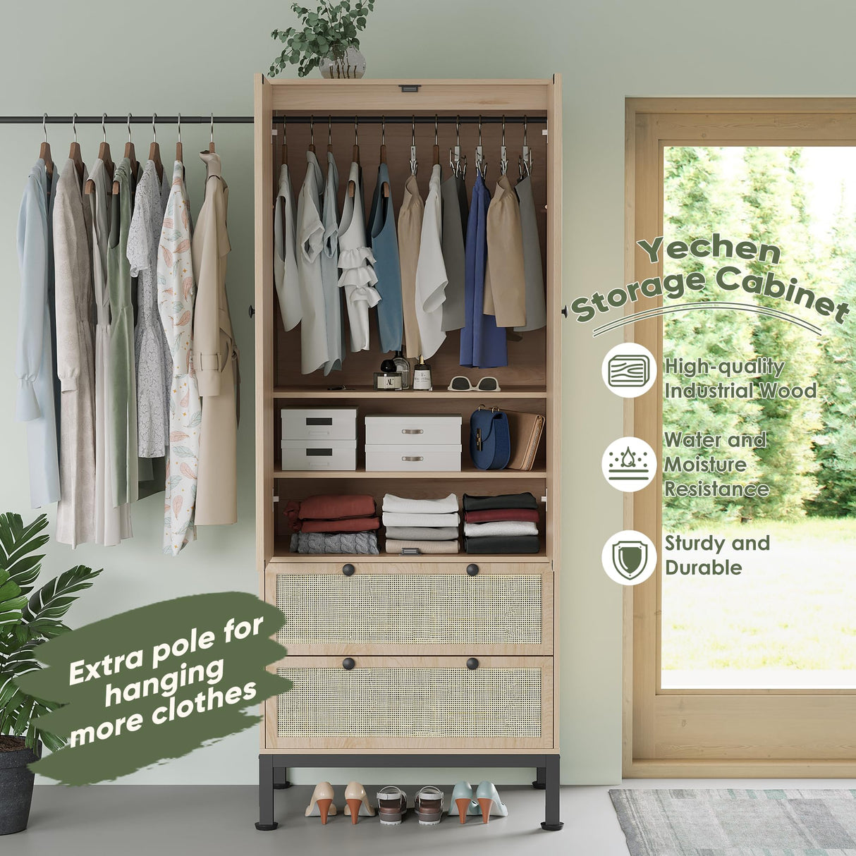 Yechen Natural Rattan Armoire Storage Cabinet, 74" Tall Armoire Closet with Doors, Adjustable Shelves and Drawers, Large Wooden Armoire Wardrobe with 2 Hanging Rods for Bedroom Utility Pantry Yechen