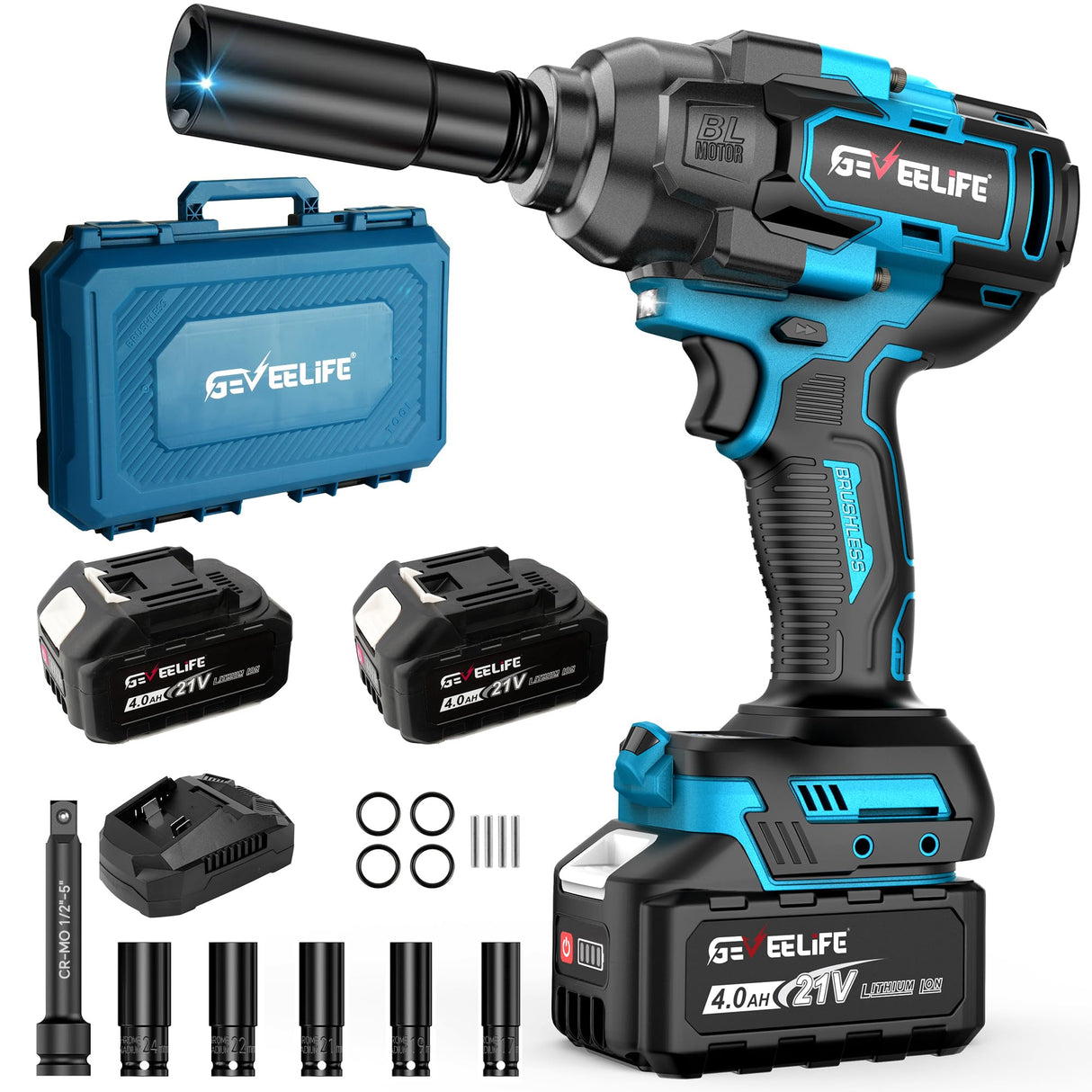GEVEELIFE 1200N.m (900Ft-lbs) Brushless Impact Wrench, 1/2" Cordless Impact Driver with 2x 4.0Ah Battery, Fast Charger & 5 Sockets, High Torque, Electric Impact Gun for Car/Truck/RV/Mower GEVEELIFE