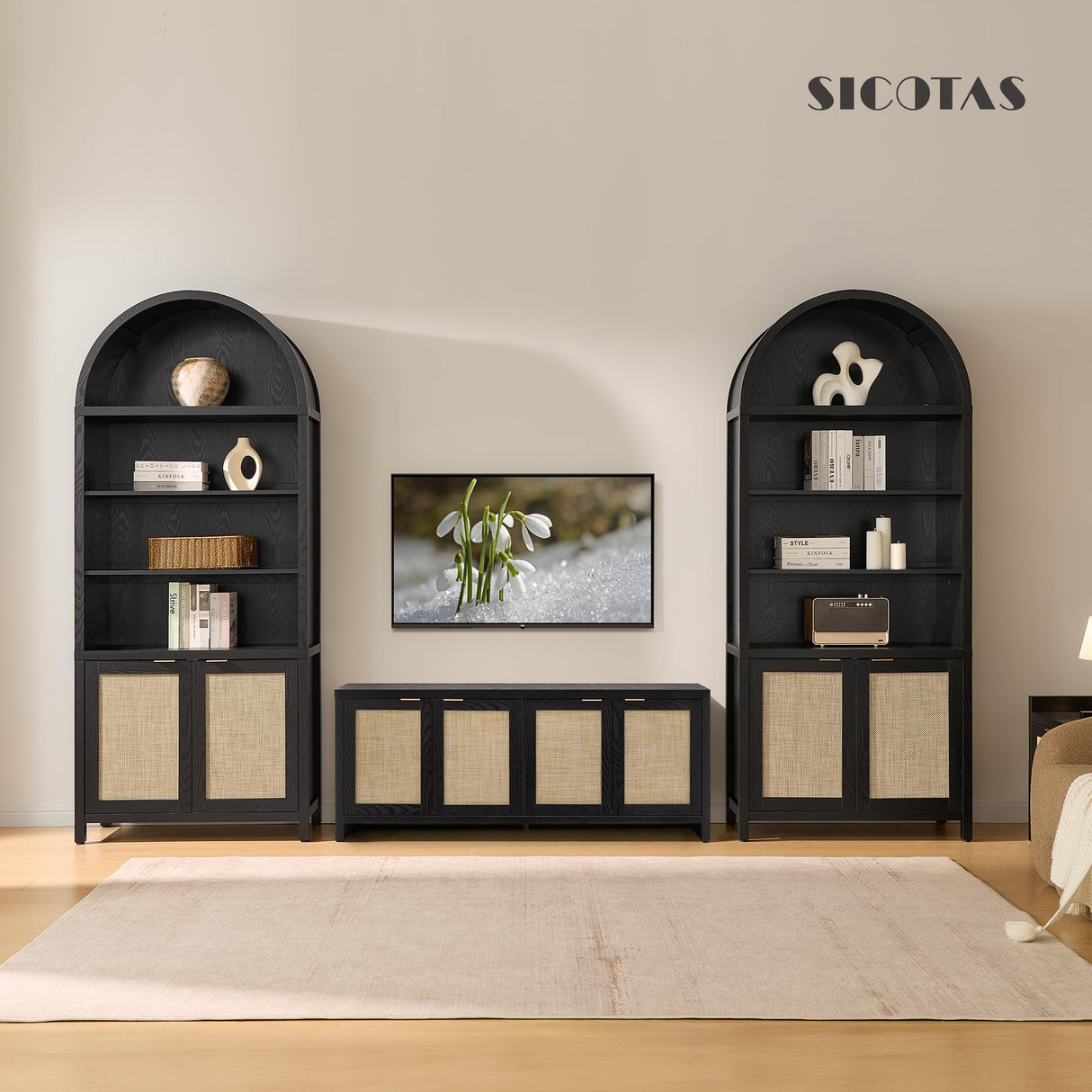 SICOTAS Book Shelf Arched Cabinet Bookshelf Arch 84.2" Tall Bookcase 5 Tier Large Bookshelves with Doors Storage Rattan Boho Wide Book Shelves Case for Living Room Kitchen Office Bedroom Library SICOTAS