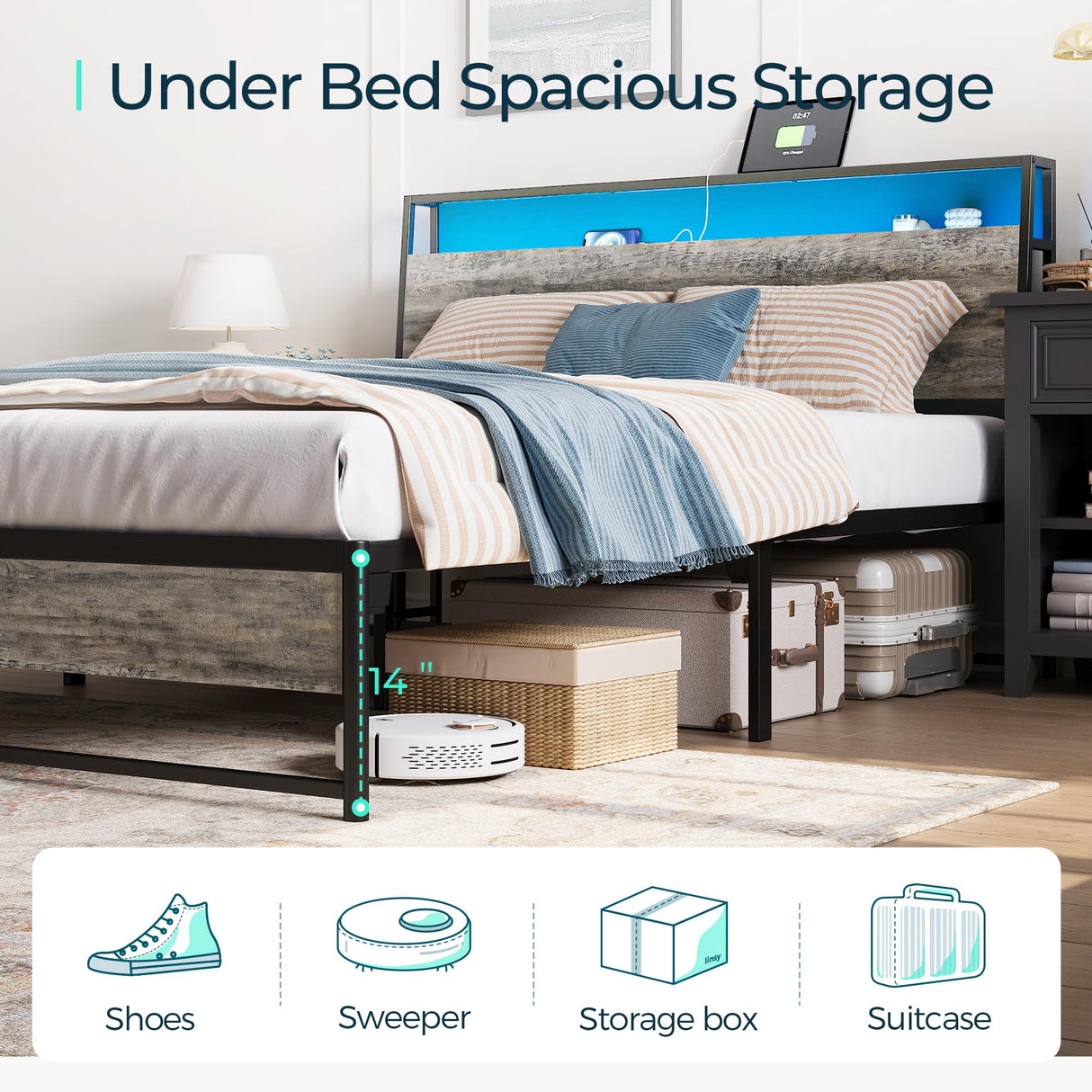 LINSY Ergonomic King Size Bed Frame with Storage Headboard, Charging Station & LED Lights LINSY