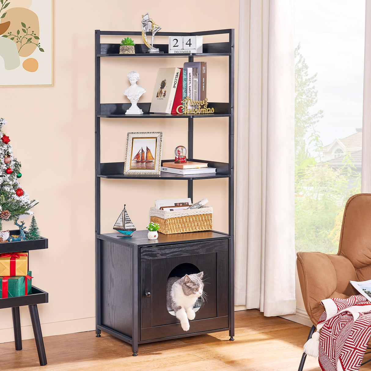 BEWISHOME Large Cat Litter Box Enclosure with 4 Tier Shelves and Doors, Hidden Cat Litter Box Furniture for Living Room, Industrial Indoor Cat House, Black, CMW06H BEWISHOME