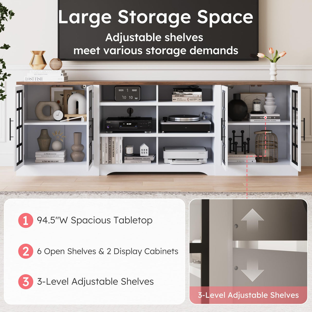 Bobve Farmhouse TV Stand for TVs up to 100", Modern Entertainment Center with 2 Cabinets and 3-Tier Open Shelves, Rustic TV Console for Living Room, Bedroom, White Bobve