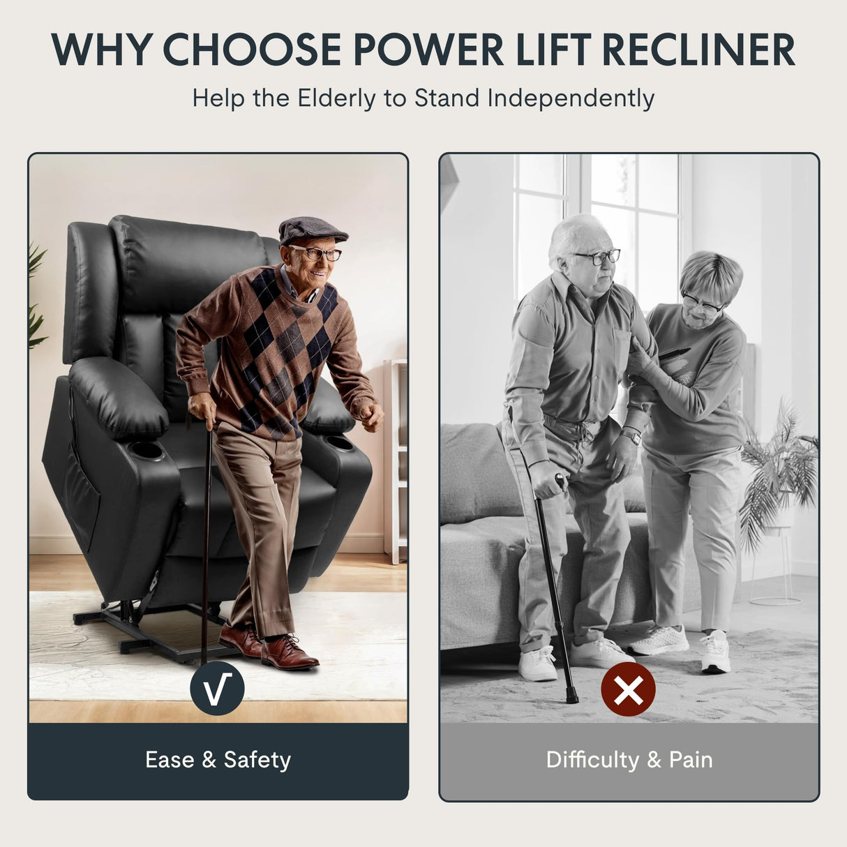 FLEXISPOT XL31 Power Lift Recliner Chair for Elderly, Oversized Electric Leather Lift Chair with Cup Holders, Side Pockets, Massage Reclining Chair Sofa for Living Room Bedroom (Black) FLEXISPOT