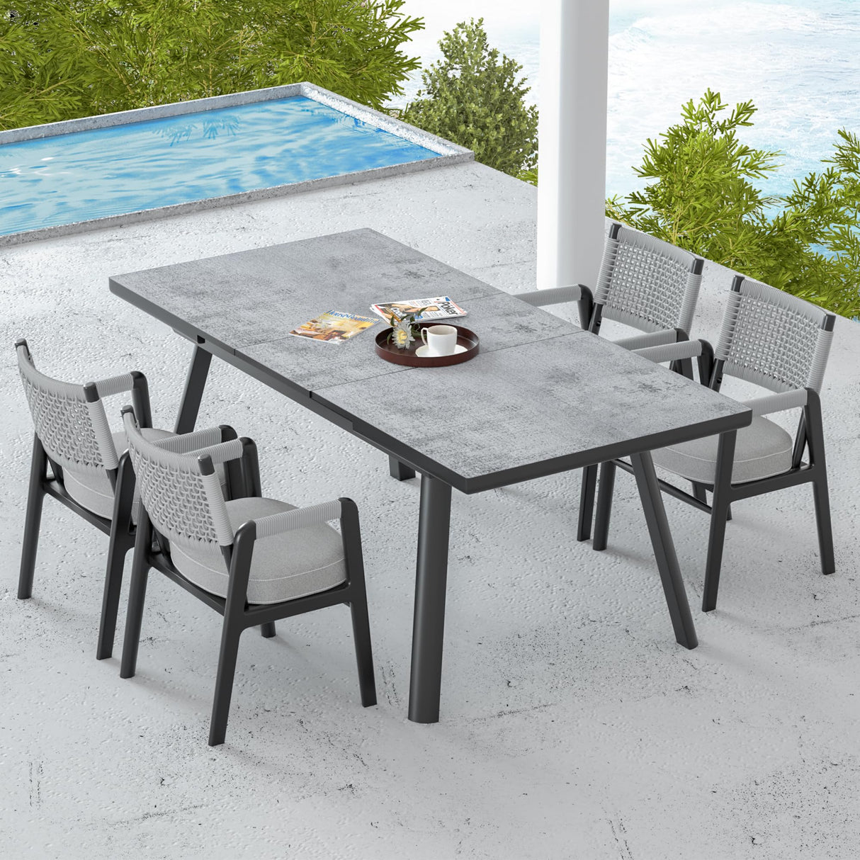 RoyalCraft Patio Expandable Table Dining Set for 4 to 8, Aluminum Outdoor Dining Table, Rectangular Patio Metal Table for Backyard Porch, Deck & Garden, Easy Assembly, 59"- 75", Grey RoyalCraft