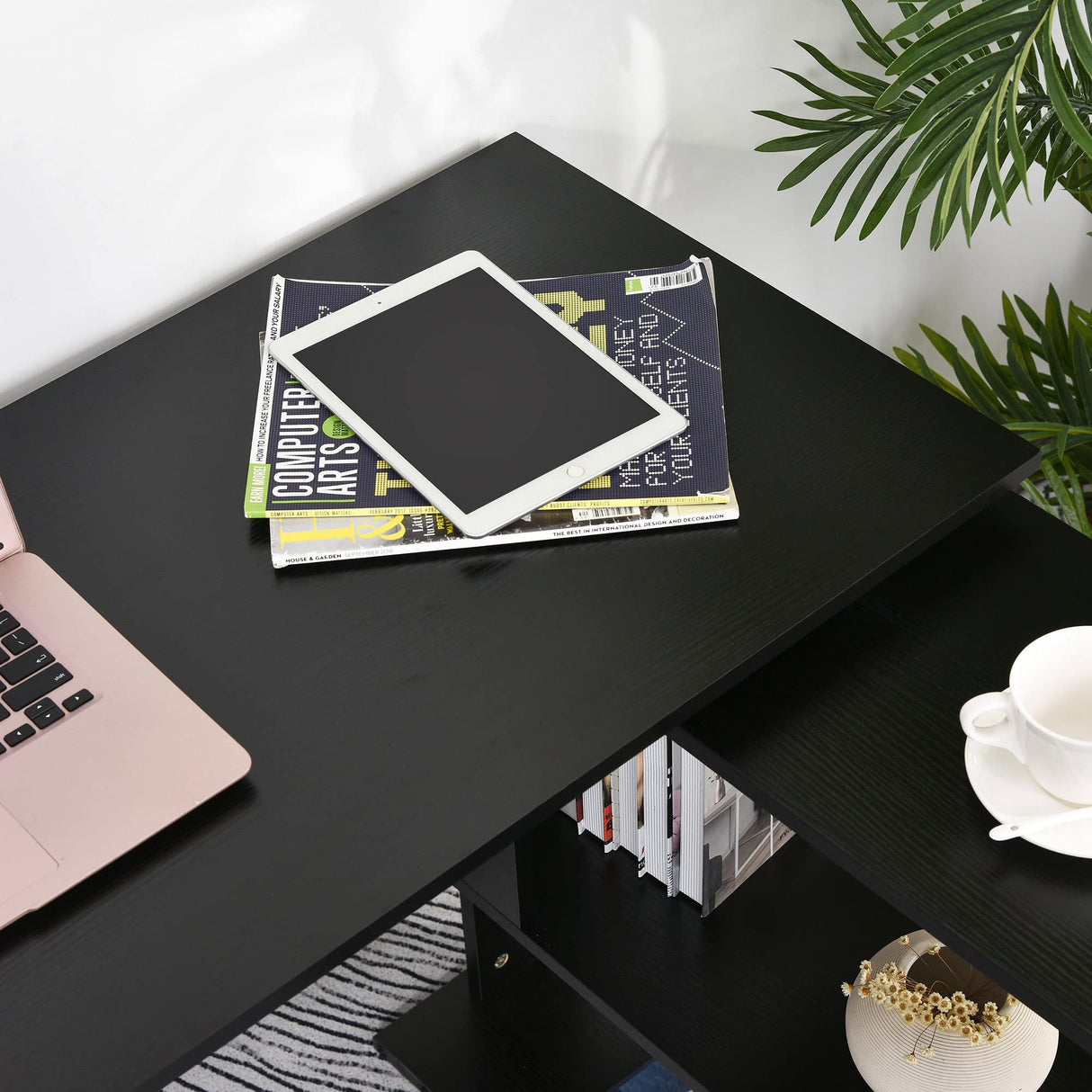 HOMCOM L Shaped Desk, Corner Computer Desk, 360 Degree Rotating Home Office Desk with Storage Shelves, Writing Table Workstation, Black HOMCOM