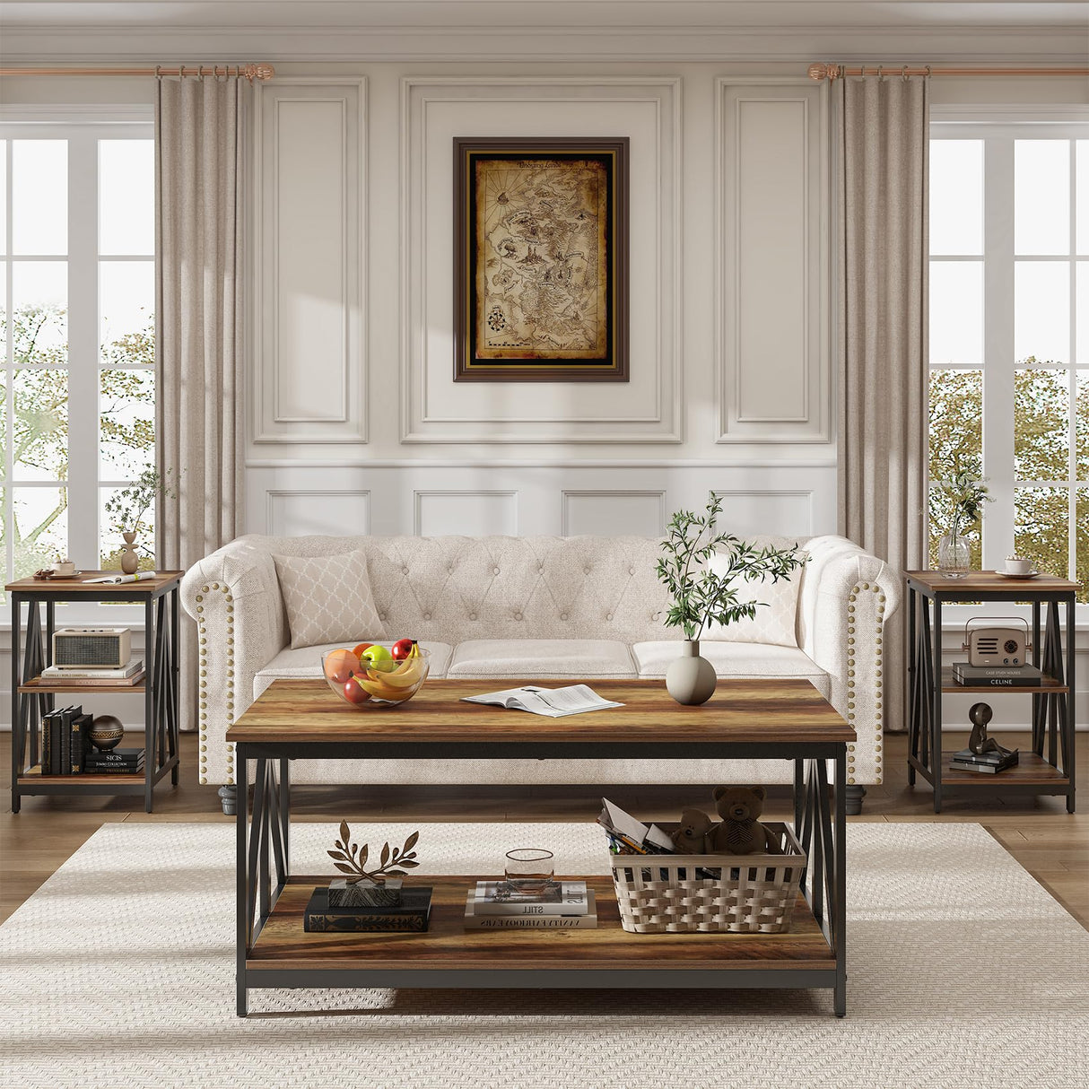 Bigbiglife Living Room Coffee Table Set of 3, Industrial Triangular-Design Coffee Table and 2 End Side Tables, 3 Piece Living Room Table Set with Large Storage for Apartment Home (Rustic Brown) Bigbiglife