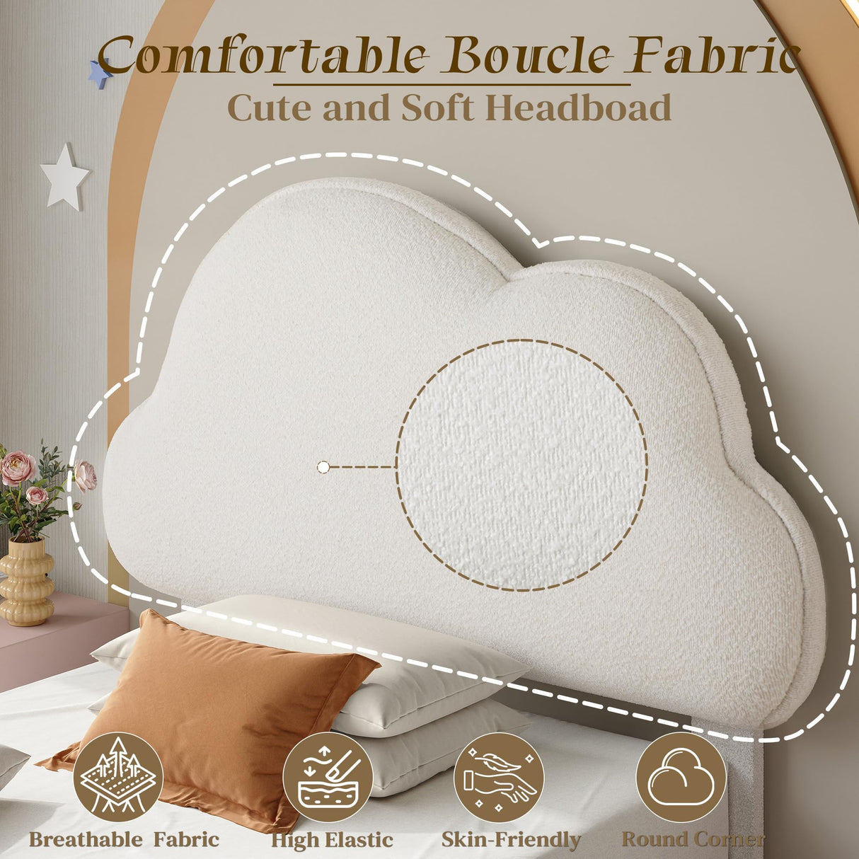 LIKIMIO Twin Bed Frames with Cloud Headboard, Upholstered Boucle Floating Platform Bed with LED Lights, Solid Wooden Slats Support, No Box Spring Needed, Easy Assembly, White LIKIMIO