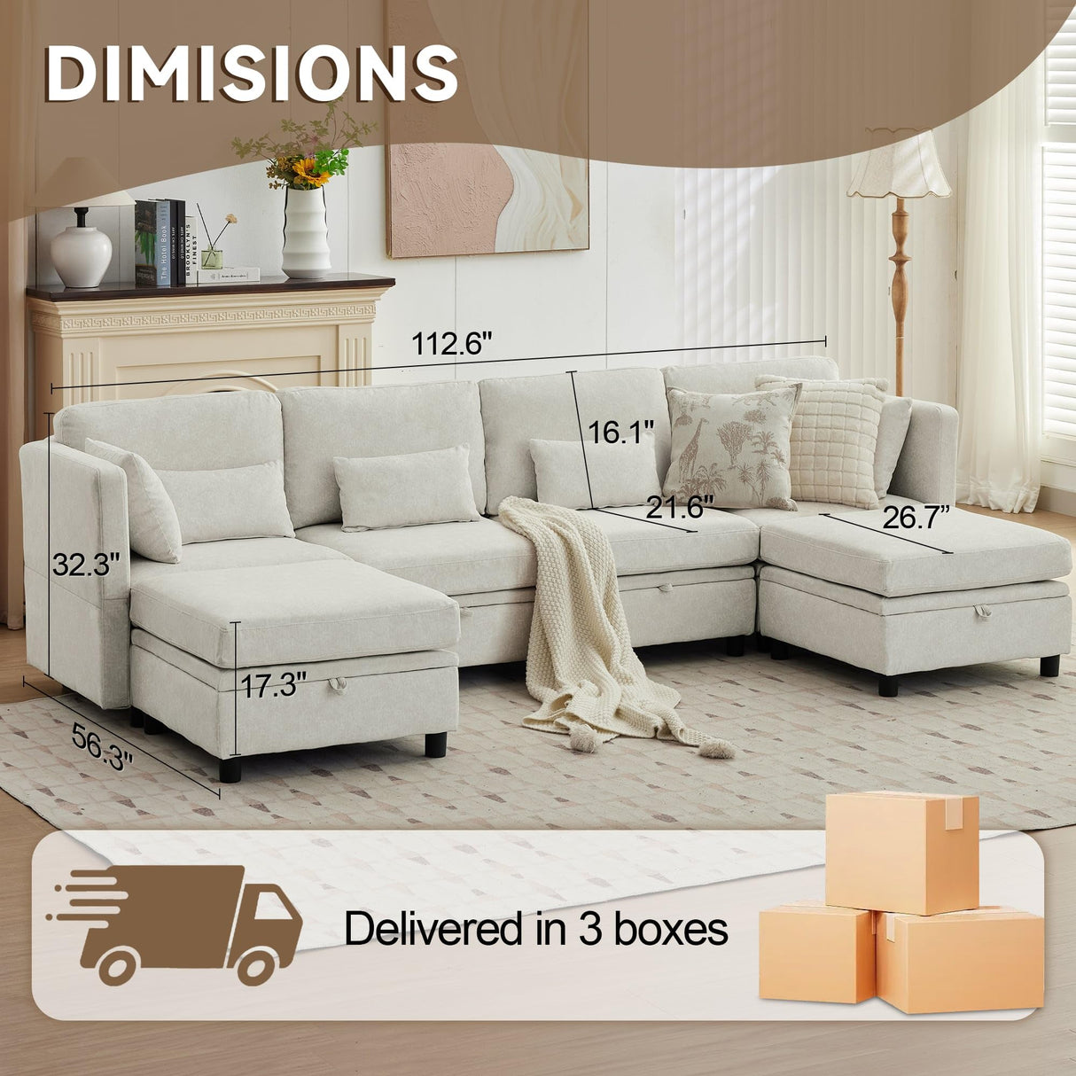 Korser 112" Modular Sectional Sofa with Storage, U Shaped Sectional Sofa for Living Room, Convertible Cloud Sectional Couch with Chaise, 6 Seat Couch with Cushions, Adjustable Backrest Design, Beige Korser