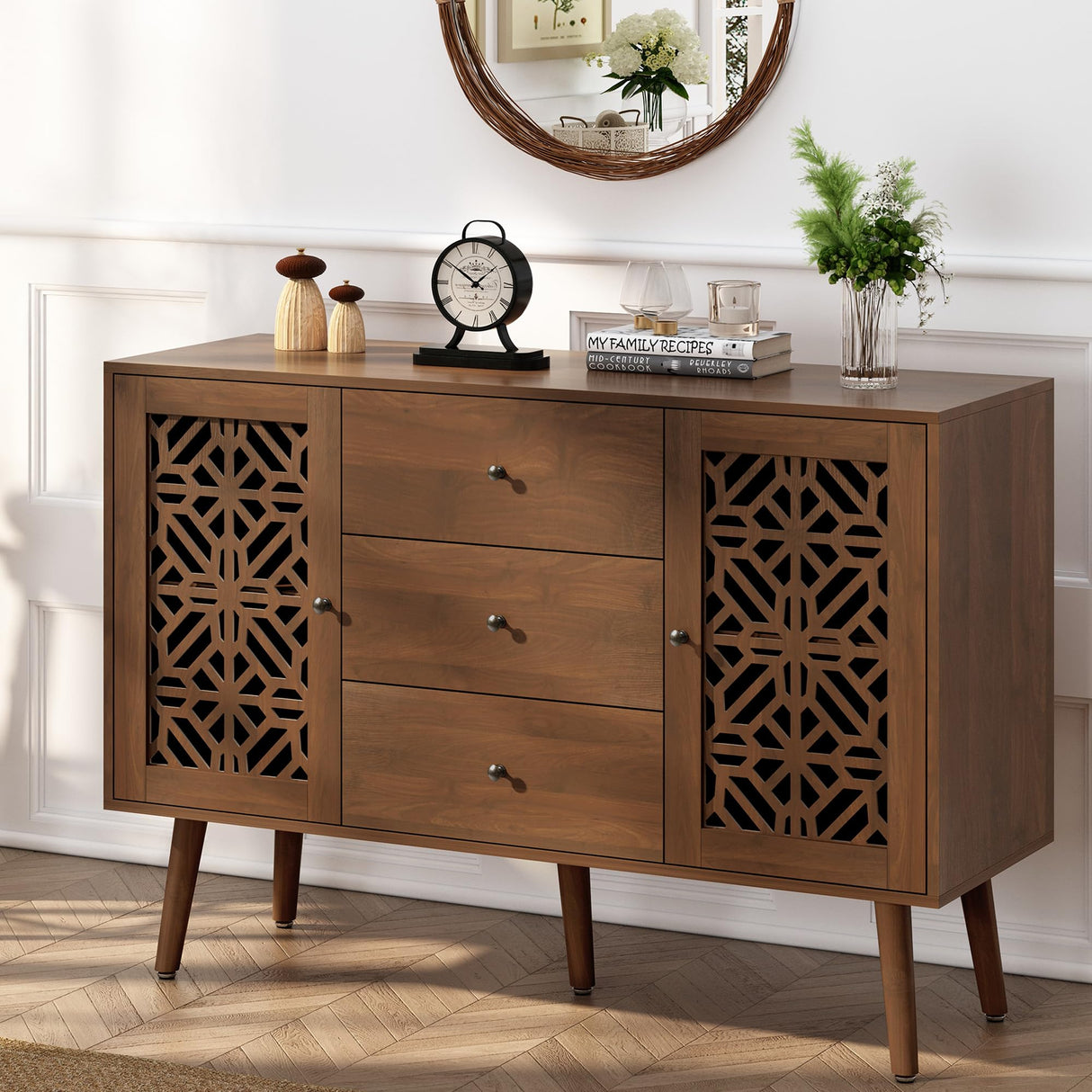 ARTPOWER 48" Hollow-Carved Accent Cabinet with Drawers, Retro Sideboard Buffet Cabinet with 3 Drawers and Storage Doors, Sideboard Credenzas for Living Room, Dining Room, Hallway ARTPOWER