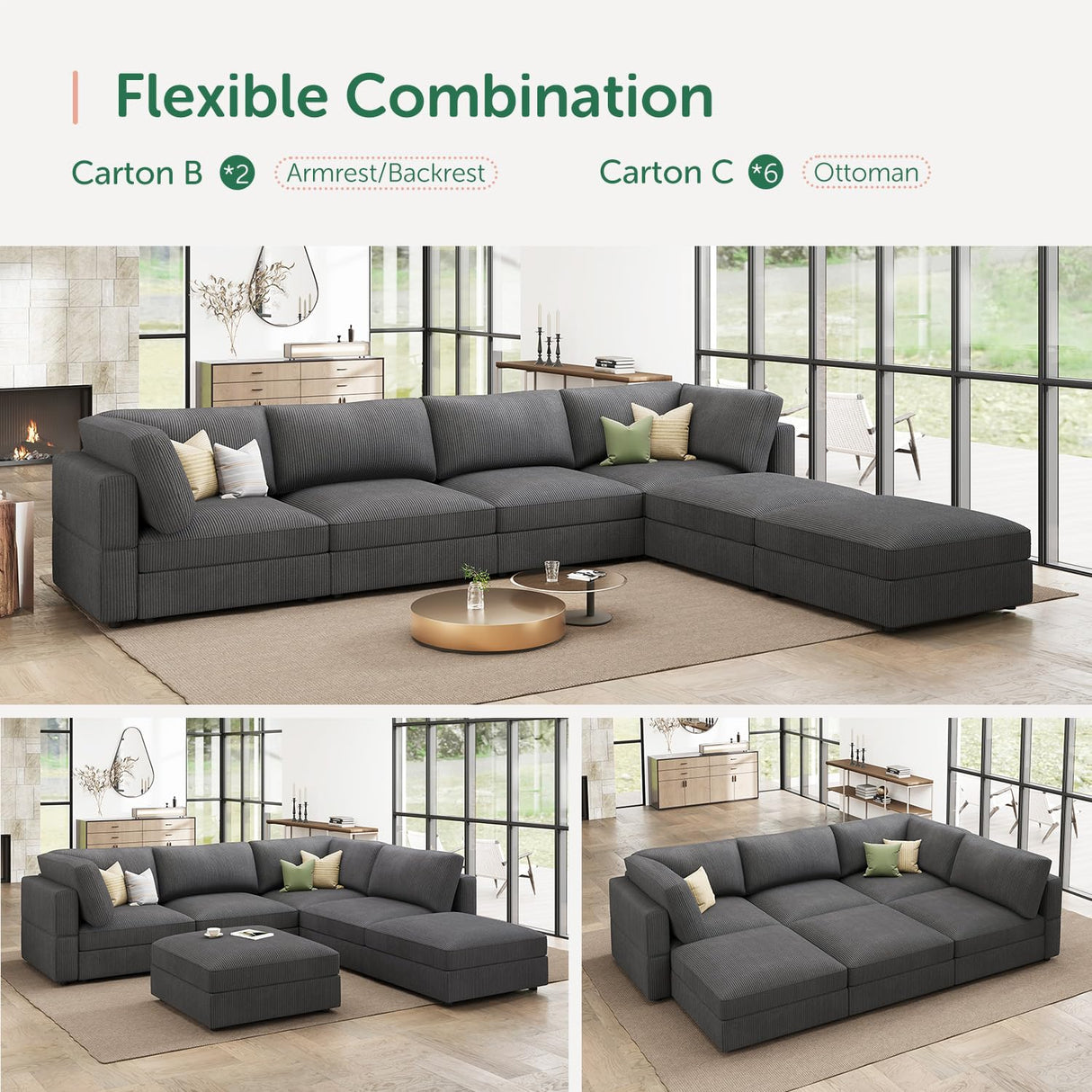 HONBAY Modular Sectional Couch with Storage Corduroy Sectional Sofa with Chaise U Shaped Sectional Couches for Living Room,Dark Grey HONBAY