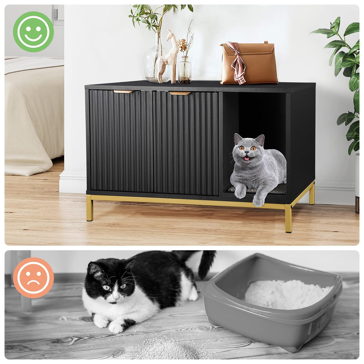QuicMiou Cat Litter Box Enclosure, Hidden Litter Box Furniture with Metal Legs, Side End Table Indoor Cat House Storage Cabinet 31.5 x 19.7 x 20 Inches (Black + Gold) QuicMiou