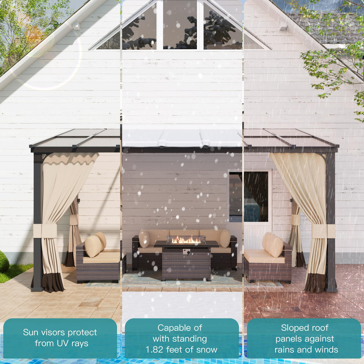 Halmuz 10x14ft Large Lean to Gazebo with Curtains & Netting,Wall Mounted Gazebo with Hard Top & Double Curtains,Metal Frame Garden Tent Suitable for Patio,Yards, Deck,Lawn, Garden,Grass-sand Halmuz