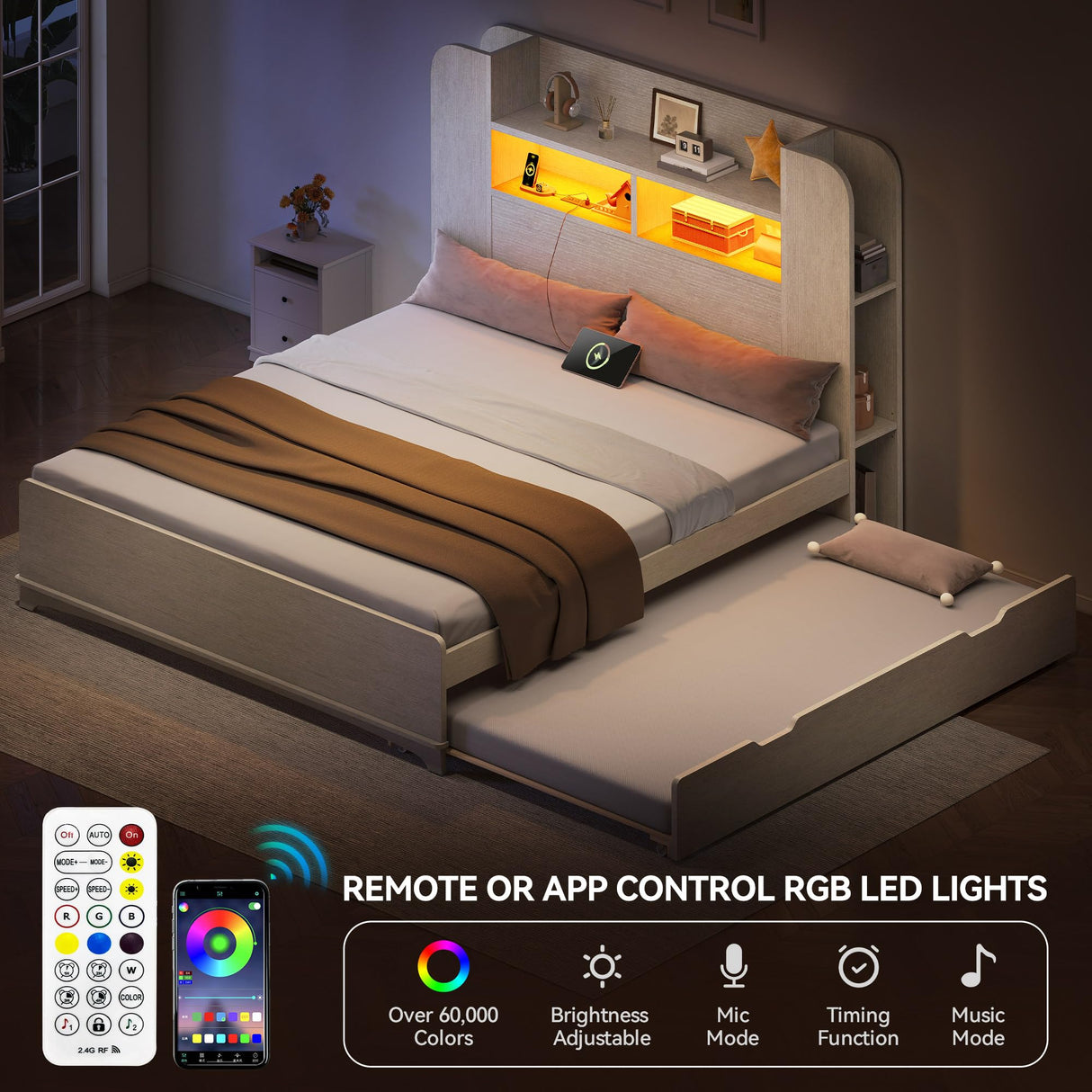 YITAHOME Beds with Trundle, Full Size Bed Frame with Bookcase Daybed Storage Headboard and Charging Station, RGB LED Lights Bed with Wooden Support for Bedroom, No Box Spring Needed, Noise Free, White YITAHOME