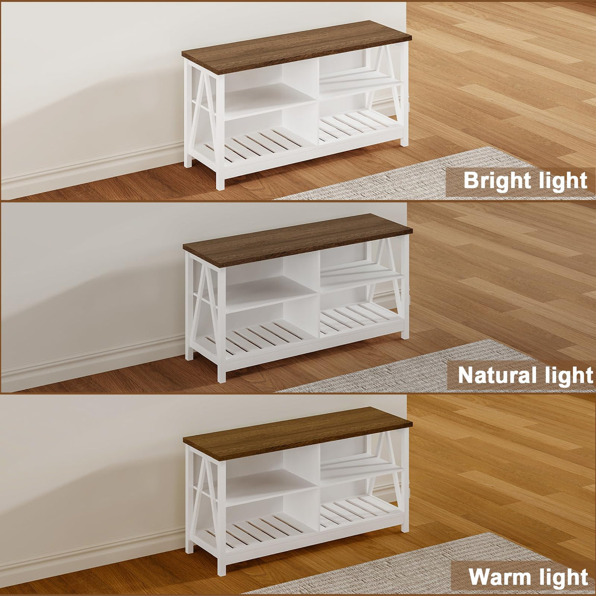 ChooChoo Farmhouse TV Stand for TVs up to 55 Inch, Modern Entertainment Center with 4 Open Shelves & Built-in Cable Holes, Media TV Console for Living Room, Bedroom, White ChooChoo