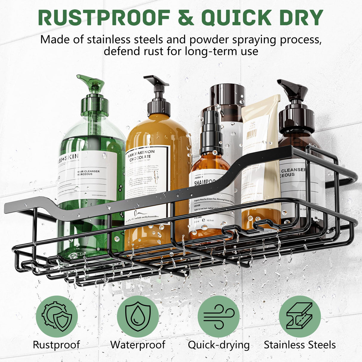 OMAIRA Shower Caddy 3-Pack, Adhesive Shower Organizer with Soap Holder, Rustproof No Drilling Shower Shelves for Inside Shower Bathroom Organizer and Storage, Black(Large) OMAIRA