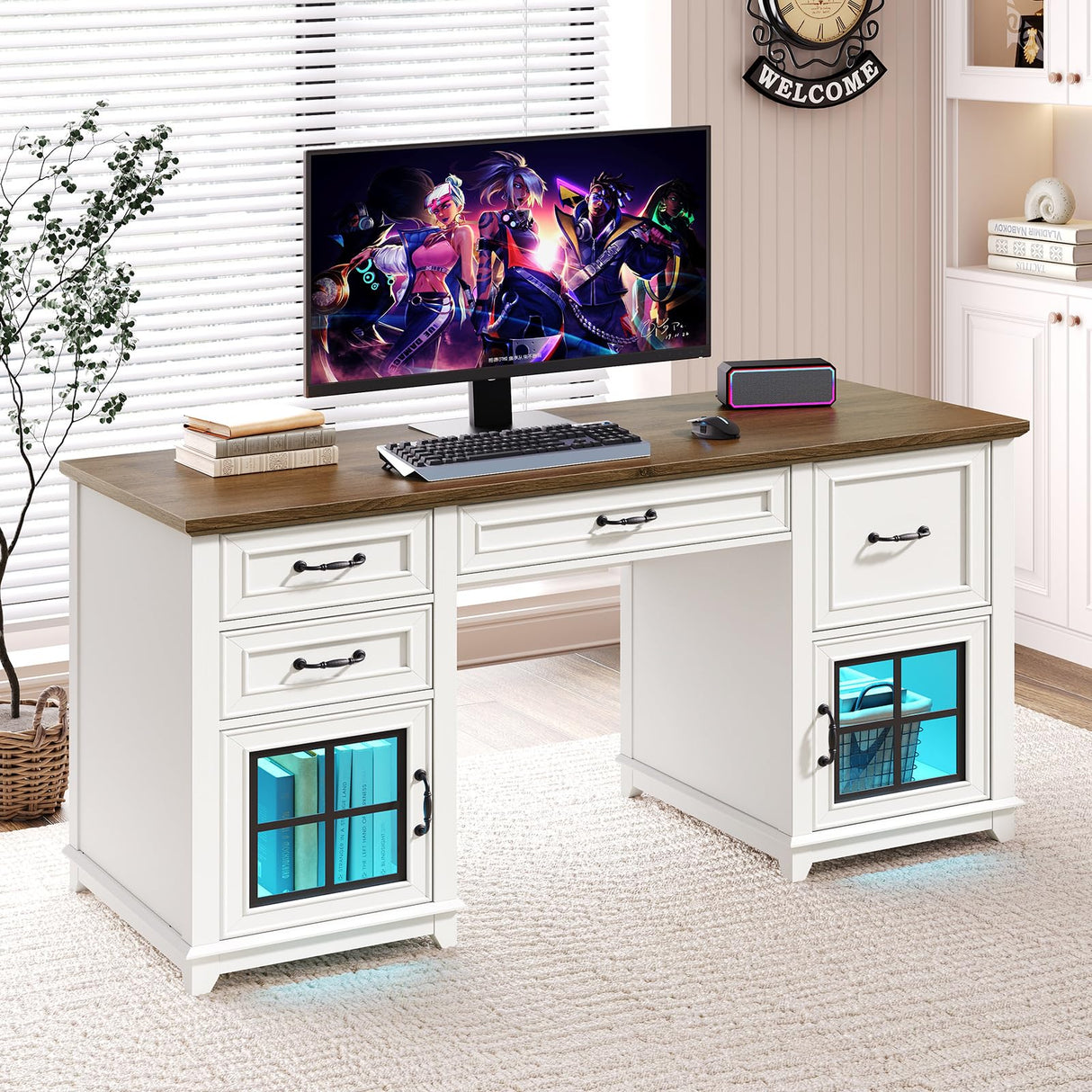 RALGEND 58" Farmhouse Executive Desk with Drawers, Wooden Home Office Desk with Power Outlet & LED Light, Computer Desk with File Drawer and Cabinet, Workspace for Study, White and Walnut RALGEND