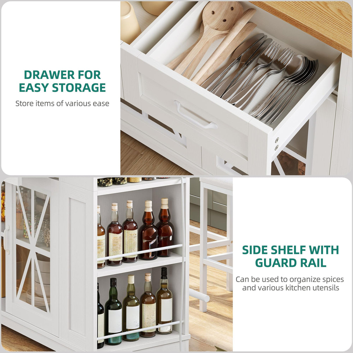 YITAHOME Kitchen Island with Drop Leaf, 47 Inch Mobile Storage Island with Seating, Rolling Islands Table with Power Outlet & 2 Bar Stools on Wheels, White Oak YITAHOME