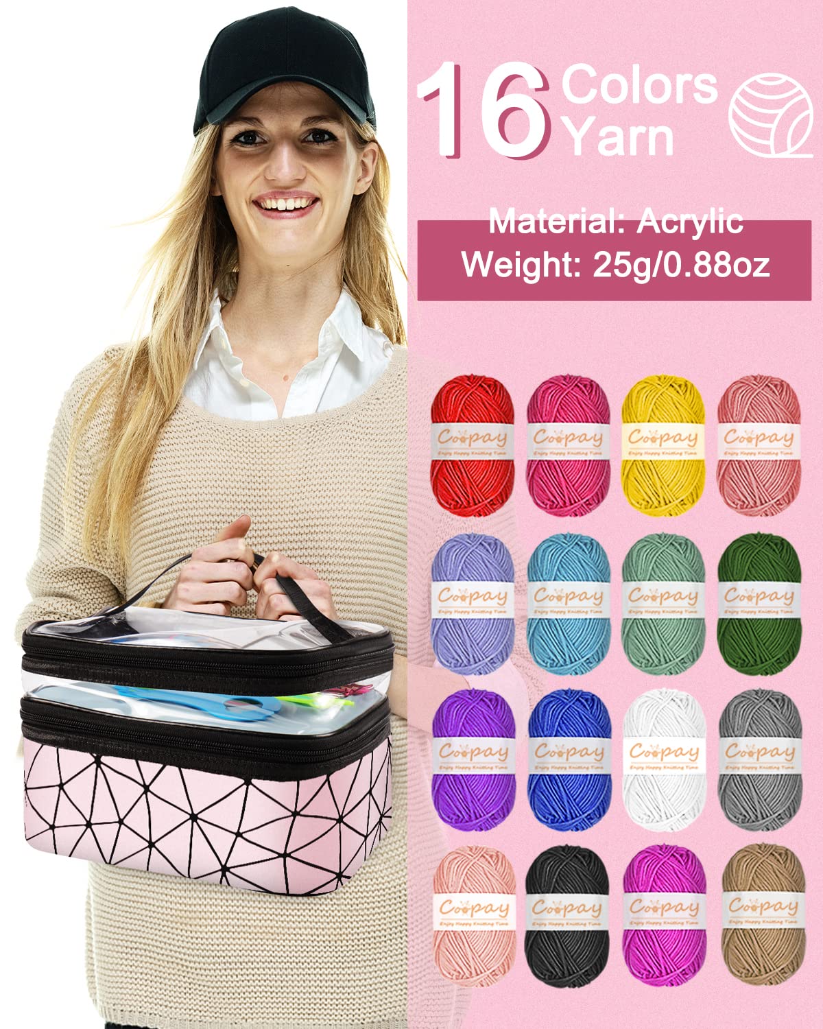 Coopay Crochet Kit for Beginners, 71PCS Crochet Starter Kit with 16 Colors Crochet Yarn & Instructions, Double-Layer Crochet Set Beginner Crochet Kit for Kids/Adults, Professional Starter Pack, Pink Coopay