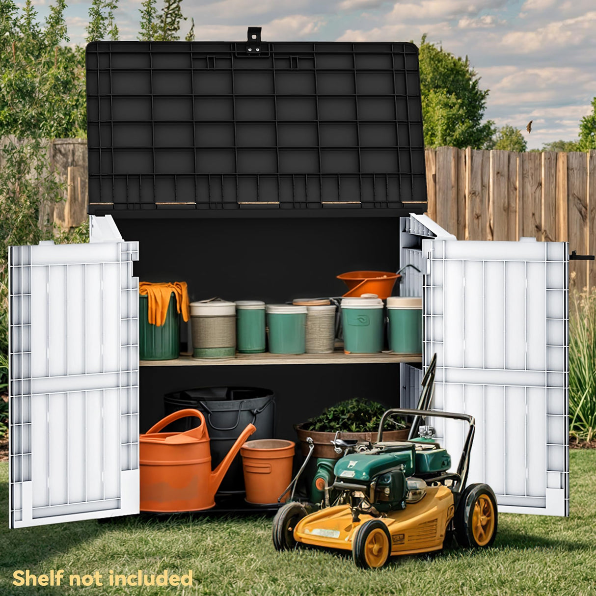 DWVO 36 cu ft Tool Storage Shed, Storage for Bakcyard, Patio, and Garden, Resin Plastic Shed with Sloped Lid, Lockable Door, and Wood Grain Finish, Light Gray DWVO