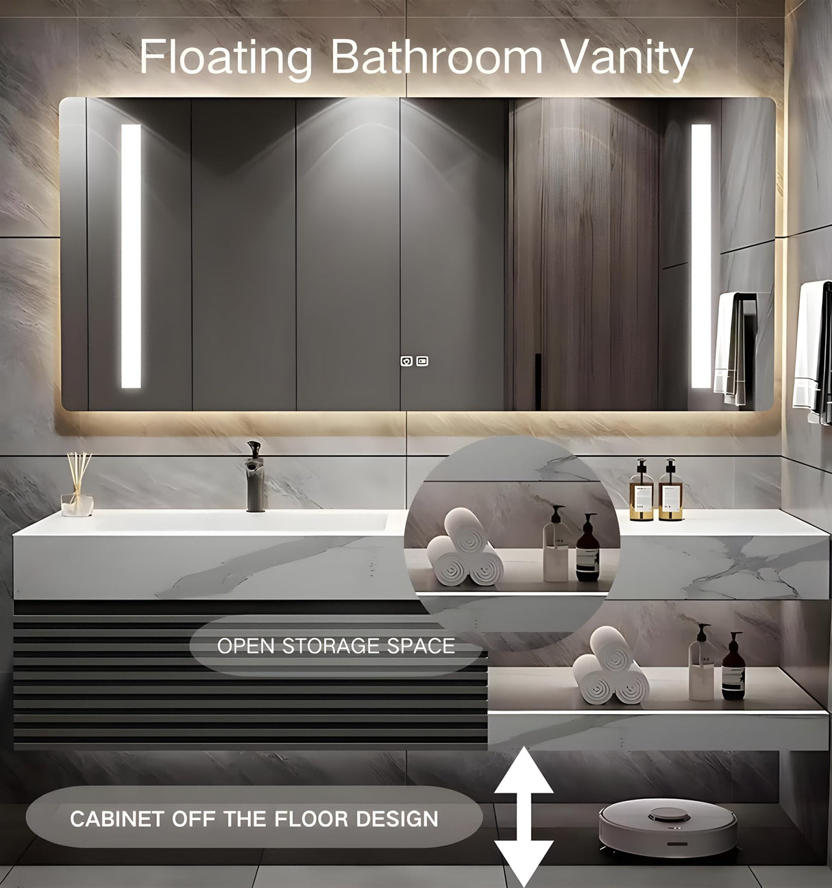 60 Inch Bathroom Vanity, Single Sink Bathroom Vanity Set Includes Anti-Fog LED Mirror Cabinet, Sintered Stone Countertop & Bathroom Sink Cabinet, Wall Mounted Floating Modern Bathroom Vanities, Black LUTHXAY