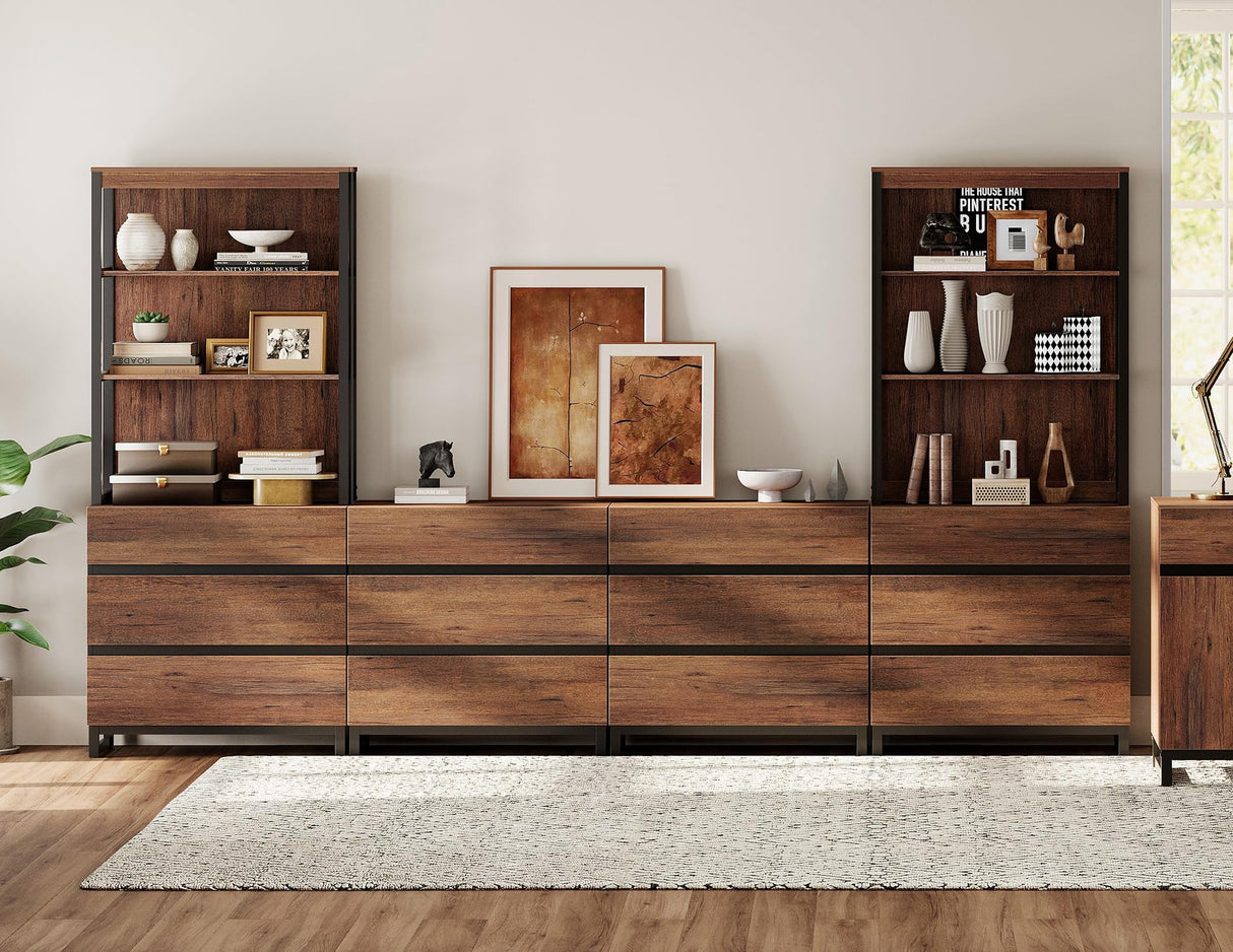 WAMPAT 3 Tier Modern Bookshelf with 12 Drawers, 72" Tall Bookcase with Black Metal Legs, Large Display Bookcase Organizers,Library Wood Bookshelves for Home Office, Living Room, Brown WAMPAT