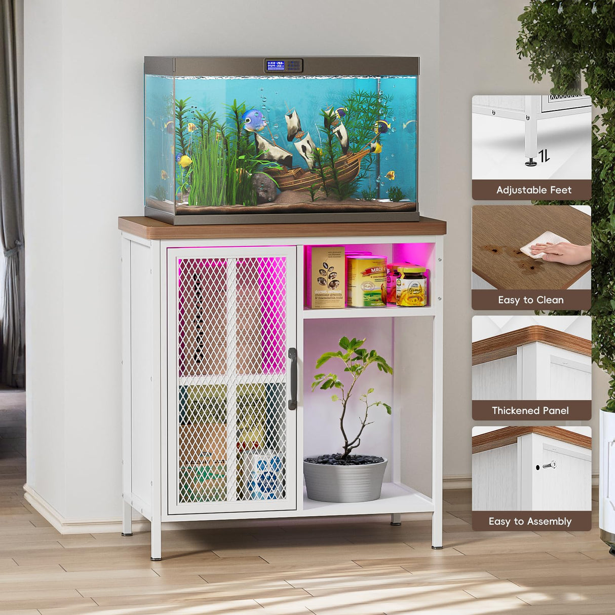 HAIOOU 20-29 Gallon Aquarium Stand with LED Light & Power Outlets, Cross Design Metal Frame Fish Tank Stand Aquarium Table with Cabinet Storage for Turtle Tank Reptile Terrarium, 360LBS Loads - White HAIOOU