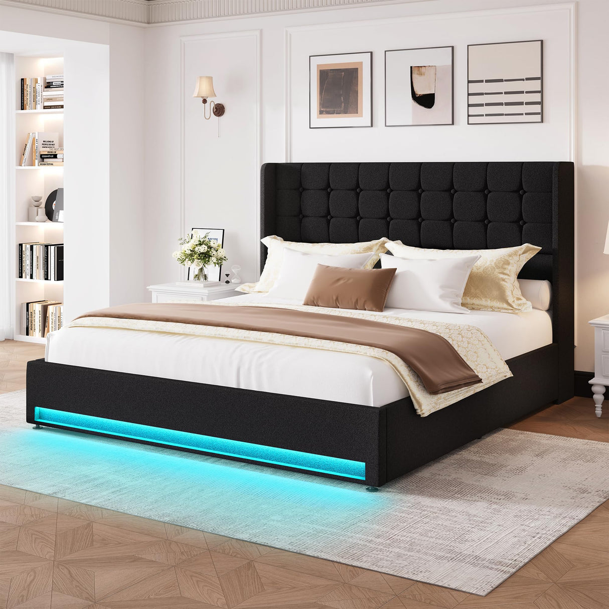 LARMACE King Size Bed Frame with Storage Drawers and Wingback Headboard Velvet Upholstered Platform Bed Frame Tufted Beds with Led Lights, Heavy Duty, No Box Spring Needed, Easy Assembly, Black LARMACE